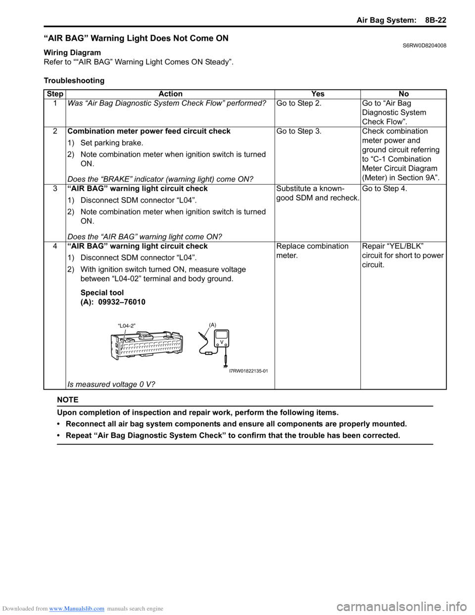 SUZUKI SX4 2006 1.G Service Repair Manual Downloaded from www.Manualslib.com manuals search engine Air Bag System: 8B-22
“AIR BAG” Warning Light Does Not Come ONS6RW0D8204008
Wiring Diagram
Refer to ““AIR BAG” Warning Light Comes O SUZUKI SX4 2006 1.G Service Repair Manual Downloaded from www.Manualslib.com manuals search engine Air Bag System: 8B-22
“AIR BAG” Warning Light Does Not Come ONS6RW0D8204008
Wiring Diagram
Refer to ““AIR BAG” Warning Light Comes O