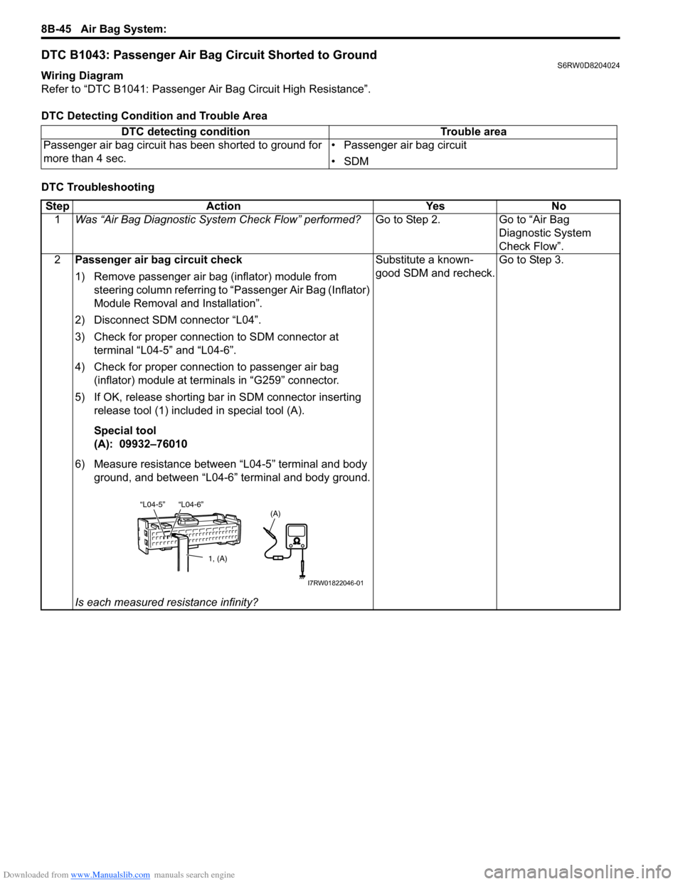 SUZUKI SX4 2006 1.G Service Workshop Manual Downloaded from www.Manualslib.com manuals search engine 8B-45 Air Bag System:
DTC B1043: Passenger Air Bag Circuit Shorted to GroundS6RW0D8204024
Wiring Diagram
Refer to “DTC B1041: Passenger Air SUZUKI SX4 2006 1.G Service Workshop Manual Downloaded from www.Manualslib.com manuals search engine 8B-45 Air Bag System:
DTC B1043: Passenger Air Bag Circuit Shorted to GroundS6RW0D8204024
Wiring Diagram
Refer to “DTC B1041: Passenger Air