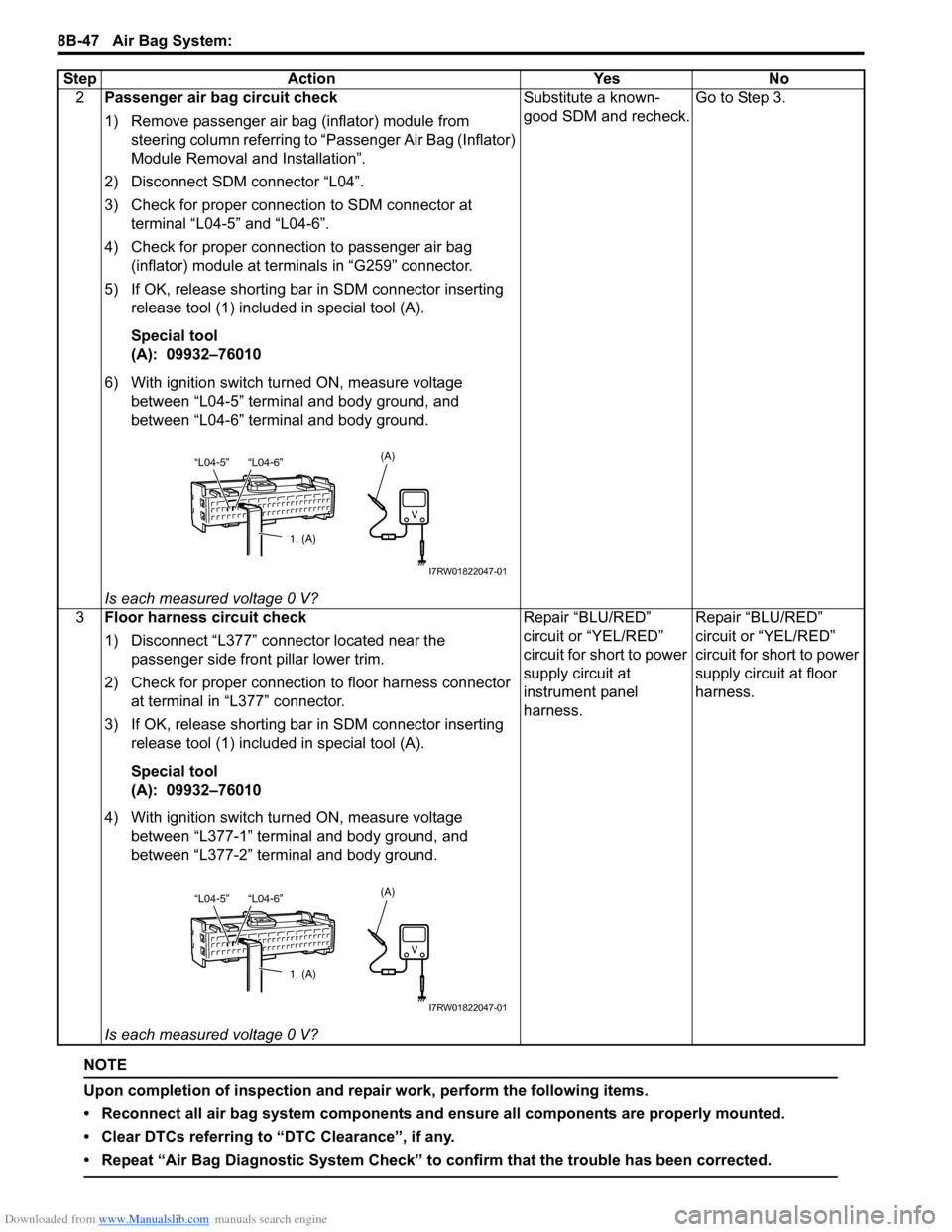 SUZUKI SX4 2006 1.G Service Workshop Manual Downloaded from www.Manualslib.com manuals search engine 8B-47 Air Bag System:
NOTE
Upon completion of inspection and repair work, perform the following items.
• Reconnect all air bag system compon SUZUKI SX4 2006 1.G Service Workshop Manual Downloaded from www.Manualslib.com manuals search engine 8B-47 Air Bag System:
NOTE
Upon completion of inspection and repair work, perform the following items.
• Reconnect all air bag system compon