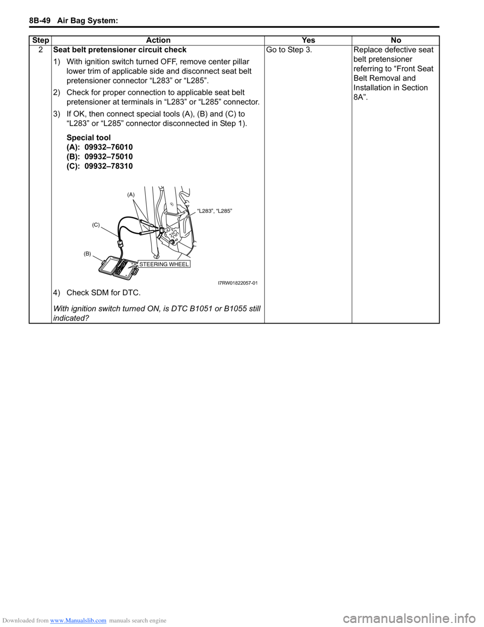 SUZUKI SX4 2006 1.G Service Workshop Manual Downloaded from www.Manualslib.com manuals search engine 8B-49 Air Bag System:
2Seat belt pretensioner circuit check
1) With ignition switch turned OFF, remove center pillar
lower trim of applicable SUZUKI SX4 2006 1.G Service Workshop Manual Downloaded from www.Manualslib.com manuals search engine 8B-49 Air Bag System:
2Seat belt pretensioner circuit check
1) With ignition switch turned OFF, remove center pillar
lower trim of applicable