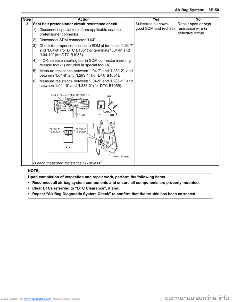 SUZUKI SX4 2006 1.G Service Workshop Manual Downloaded from www.Manualslib.com manuals search engine Air Bag System: 8B-50
NOTE
Upon completion of inspection and repair work, perform the following items.
• Reconnect all air bag system compon SUZUKI SX4 2006 1.G Service Workshop Manual Downloaded from www.Manualslib.com manuals search engine Air Bag System: 8B-50
NOTE
Upon completion of inspection and repair work, perform the following items.
• Reconnect all air bag system compon