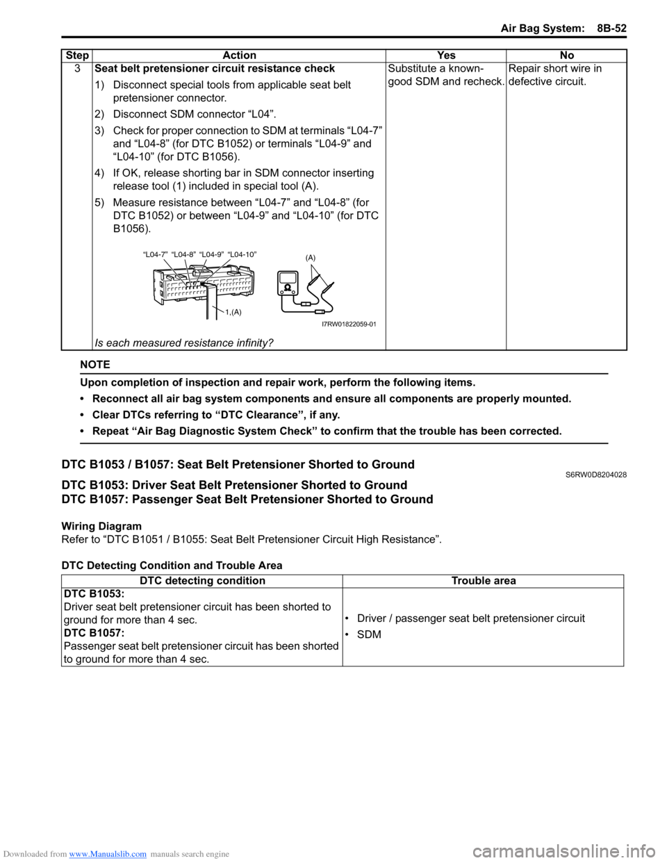SUZUKI SX4 2006 1.G Service Workshop Manual Downloaded from www.Manualslib.com manuals search engine Air Bag System: 8B-52
NOTE
Upon completion of inspection and repair work, perform the following items.
• Reconnect all air bag system compon SUZUKI SX4 2006 1.G Service Workshop Manual Downloaded from www.Manualslib.com manuals search engine Air Bag System: 8B-52
NOTE
Upon completion of inspection and repair work, perform the following items.
• Reconnect all air bag system compon