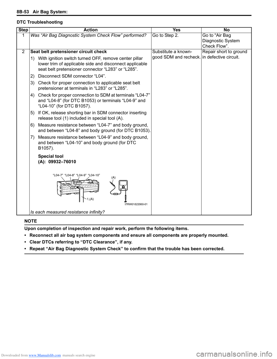 SUZUKI SX4 2006 1.G Service Workshop Manual Downloaded from www.Manualslib.com manuals search engine 8B-53 Air Bag System:
DTC Troubleshooting
NOTE
Upon completion of inspection and repair work, perform the following items.
• Reconnect all a SUZUKI SX4 2006 1.G Service Workshop Manual Downloaded from www.Manualslib.com manuals search engine 8B-53 Air Bag System:
DTC Troubleshooting
NOTE
Upon completion of inspection and repair work, perform the following items.
• Reconnect all a