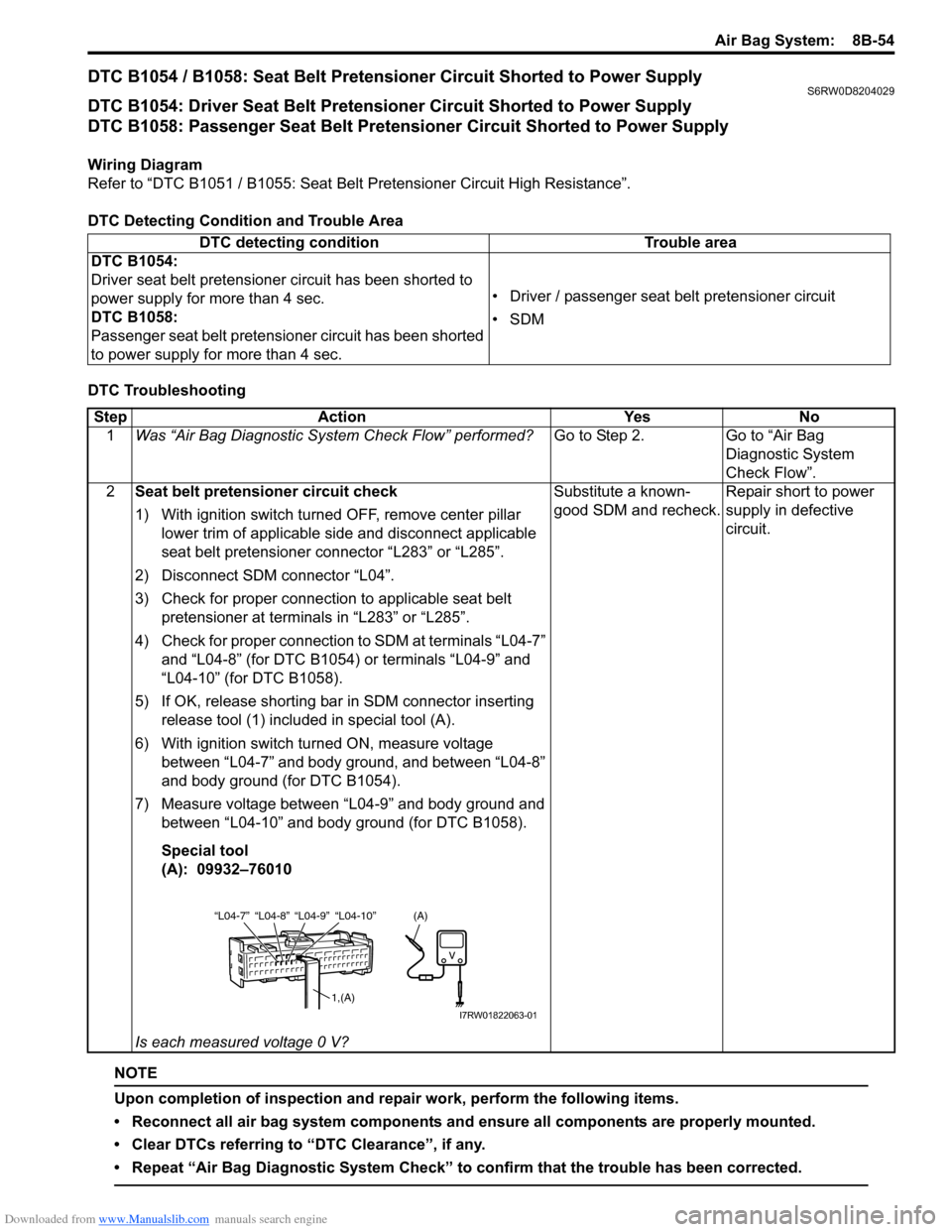 SUZUKI SX4 2006 1.G Service Owners Guide Downloaded from www.Manualslib.com manuals search engine Air Bag System:  8B-54
DTC B1054 / B1058: Seat Belt Pretensioner Circuit Shorted to Power SupplyS6RW0D8204029
DTC B1054: Driver Seat Belt Prete