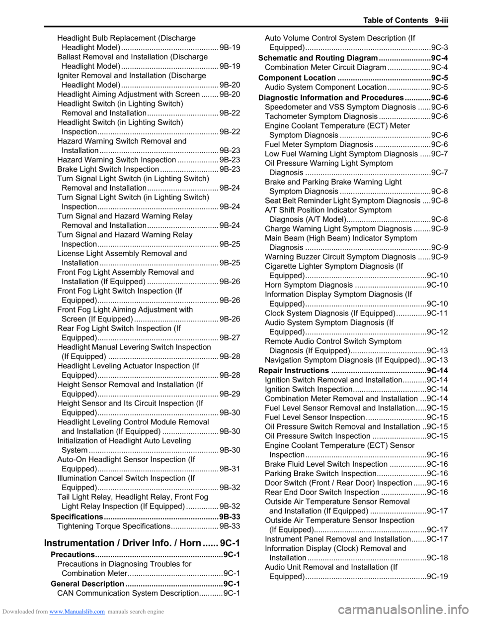 SUZUKI SX4 2006 1.G Service Service Manual Downloaded from www.Manualslib.com manuals search engine Table of Contents 9-iii
Headlight Bulb Replacement (Discharge 
Headlight Model) ............................................. 9B-19
Ballast Rem