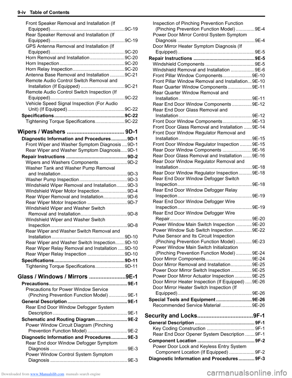SUZUKI SX4 2006 1.G Service Workshop Manual Downloaded from www.Manualslib.com manuals search engine 9-iv Table of Contents
Front Speaker Removal and Installation (If
Equipped) ........................................................9C-19
Rear SUZUKI SX4 2006 1.G Service Workshop Manual Downloaded from www.Manualslib.com manuals search engine 9-iv Table of Contents
Front Speaker Removal and Installation (If
Equipped) ........................................................9C-19
Rear