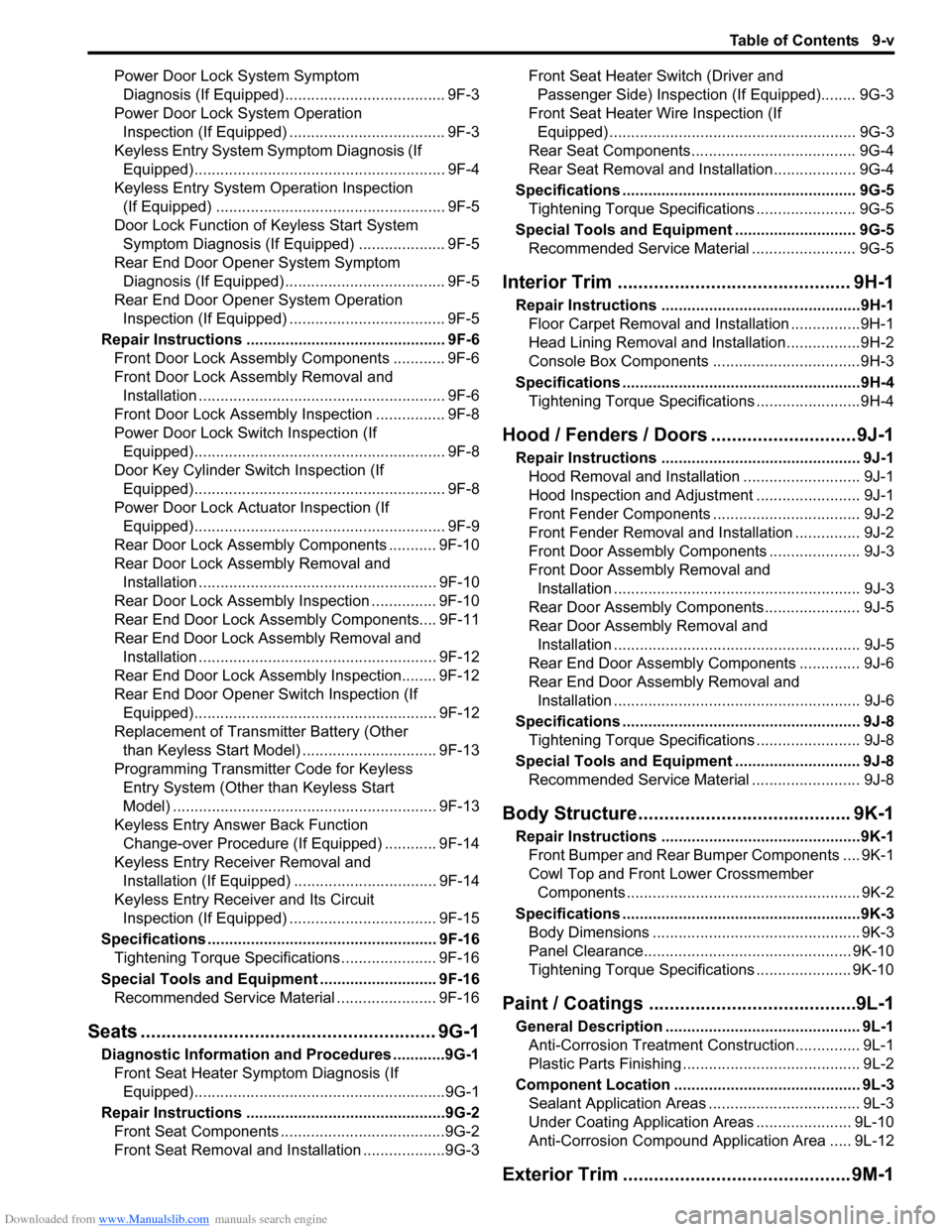 SUZUKI SX4 2006 1.G Service Workshop Manual Downloaded from www.Manualslib.com manuals search engine Table of Contents 9-v
Power Door Lock System Symptom 
Diagnosis (If Equipped)..................................... 9F-3
Power Door Lock System 