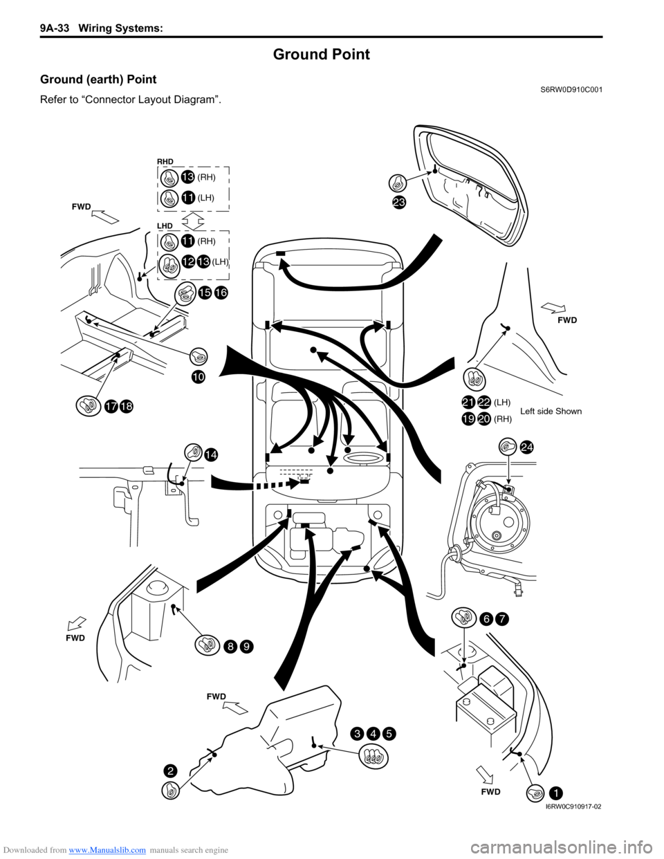 SUZUKI SX4 2006 1.G Service Workshop Manual Downloaded from www.Manualslib.com manuals search engine 9A-33 Wiring Systems:
Ground Point
Ground (earth) PointS6RW0D910C001
Refer to “Connector Layout Diagram”.
23
2122Left side Shown (LH)1920( SUZUKI SX4 2006 1.G Service Workshop Manual Downloaded from www.Manualslib.com manuals search engine 9A-33 Wiring Systems:
Ground Point
Ground (earth) PointS6RW0D910C001
Refer to “Connector Layout Diagram”.
23
2122Left side Shown (LH)1920(