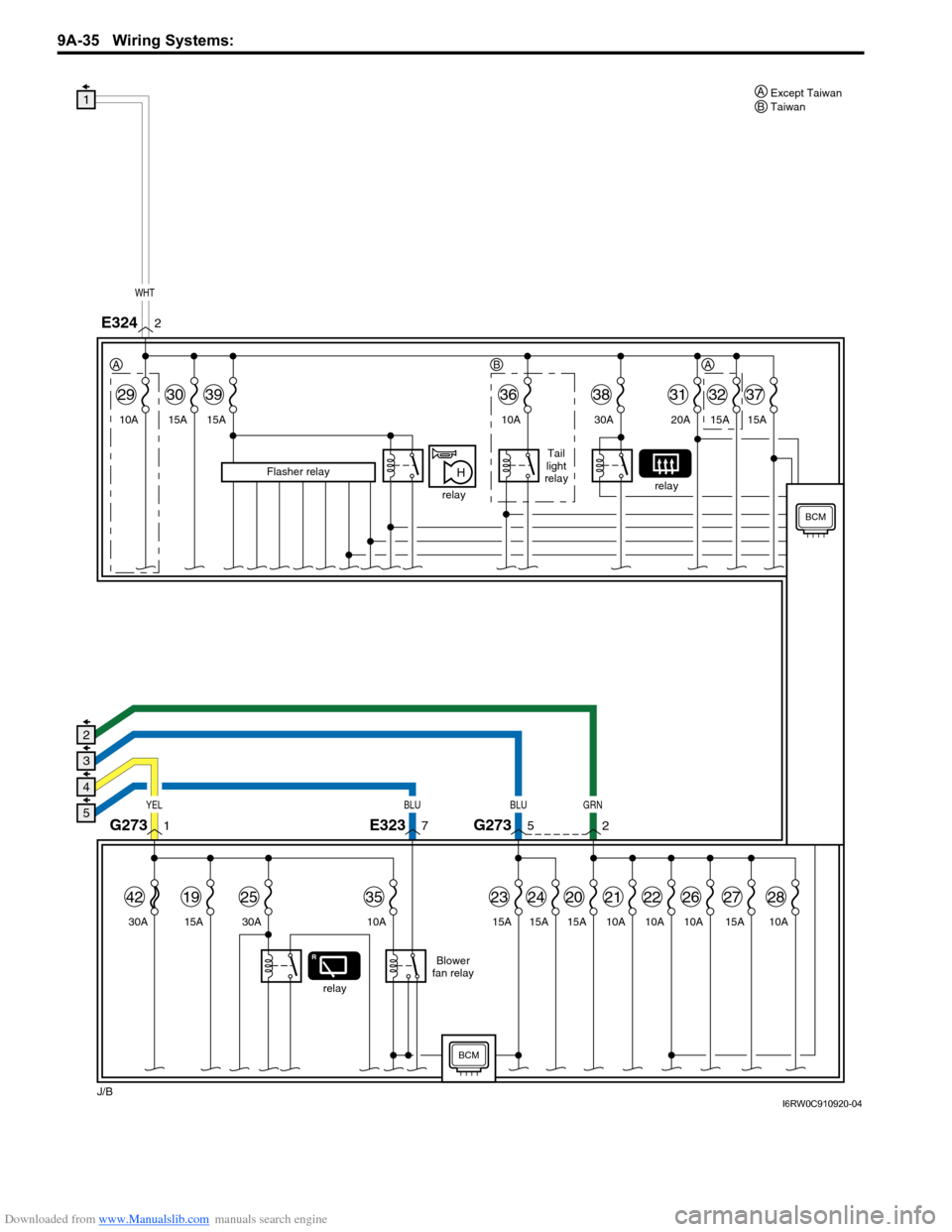SUZUKI SX4 2006 1.G Service Workshop Manual Downloaded from www.Manualslib.com manuals search engine 9A-35 Wiring Systems:
5
4
3
2
YELBLUBLUGRN
G2731E3237G27352
J/B
4219
30A
15A
25
30A
35
10A
23
15A
24
15A
20
15A
21
10A
22
10A
26
10A
27
15A
28 SUZUKI SX4 2006 1.G Service Workshop Manual Downloaded from www.Manualslib.com manuals search engine 9A-35 Wiring Systems:
5
4
3
2
YELBLUBLUGRN
G2731E3237G27352
J/B
4219
30A
15A
25
30A
35
10A
23
15A
24
15A
20
15A
21
10A
22
10A
26
10A
27
15A
28