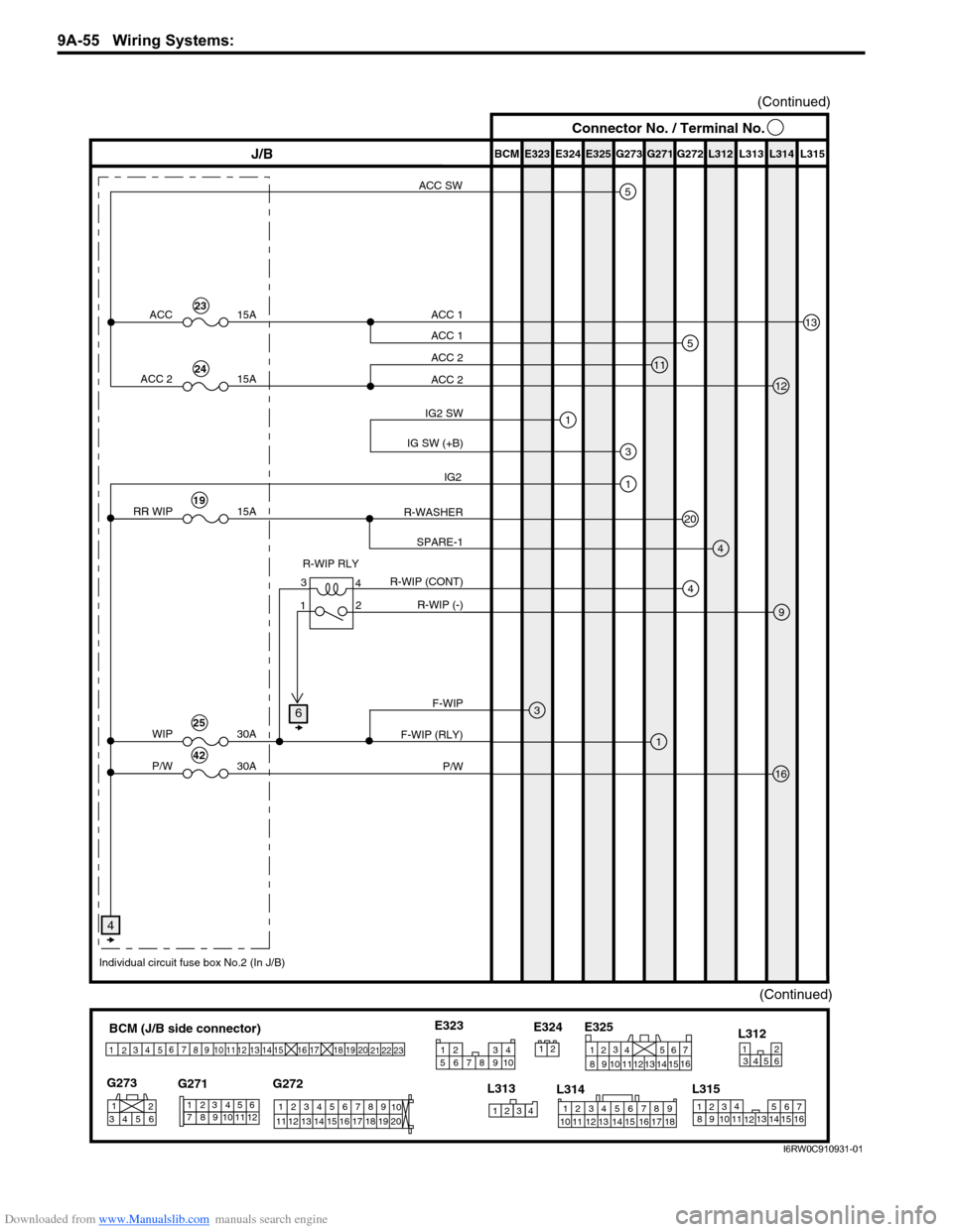 SUZUKI SX4 2006 1.G Service Workshop Manual Downloaded from www.Manualslib.com manuals search engine 9A-55 Wiring Systems:
(Continued)
BCM (J/B side connector)
3
4
1
25
15 14 12
13 10
11 9 8 67
17
16182122 19
20
23
1234578 116
12 91034 652 1
G SUZUKI SX4 2006 1.G Service Workshop Manual Downloaded from www.Manualslib.com manuals search engine 9A-55 Wiring Systems:
(Continued)
BCM (J/B side connector)
3
4
1
25
15 14 12
13 10
11 9 8 67
17
16182122 19
20
23
1234578 116
12 91034 652 1
G