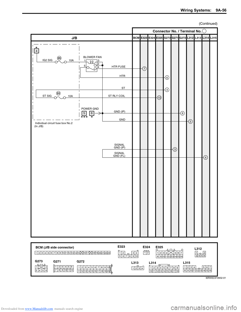 SUZUKI SX4 2006 1.G Service Workshop Manual Downloaded from www.Manualslib.com manuals search engine Wiring Systems: 9A-56
BCM (J/B side connector)
3
4
1
25
15 14 12
13 10
11 9 8 67
17
16182122 19
20
23
1234578 116
12 91034 652 1
G271 G273
G27 SUZUKI SX4 2006 1.G Service Workshop Manual Downloaded from www.Manualslib.com manuals search engine Wiring Systems: 9A-56
BCM (J/B side connector)
3
4
1
25
15 14 12
13 10
11 9 8 67
17
16182122 19
20
23
1234578 116
12 91034 652 1
G271 G273
G27