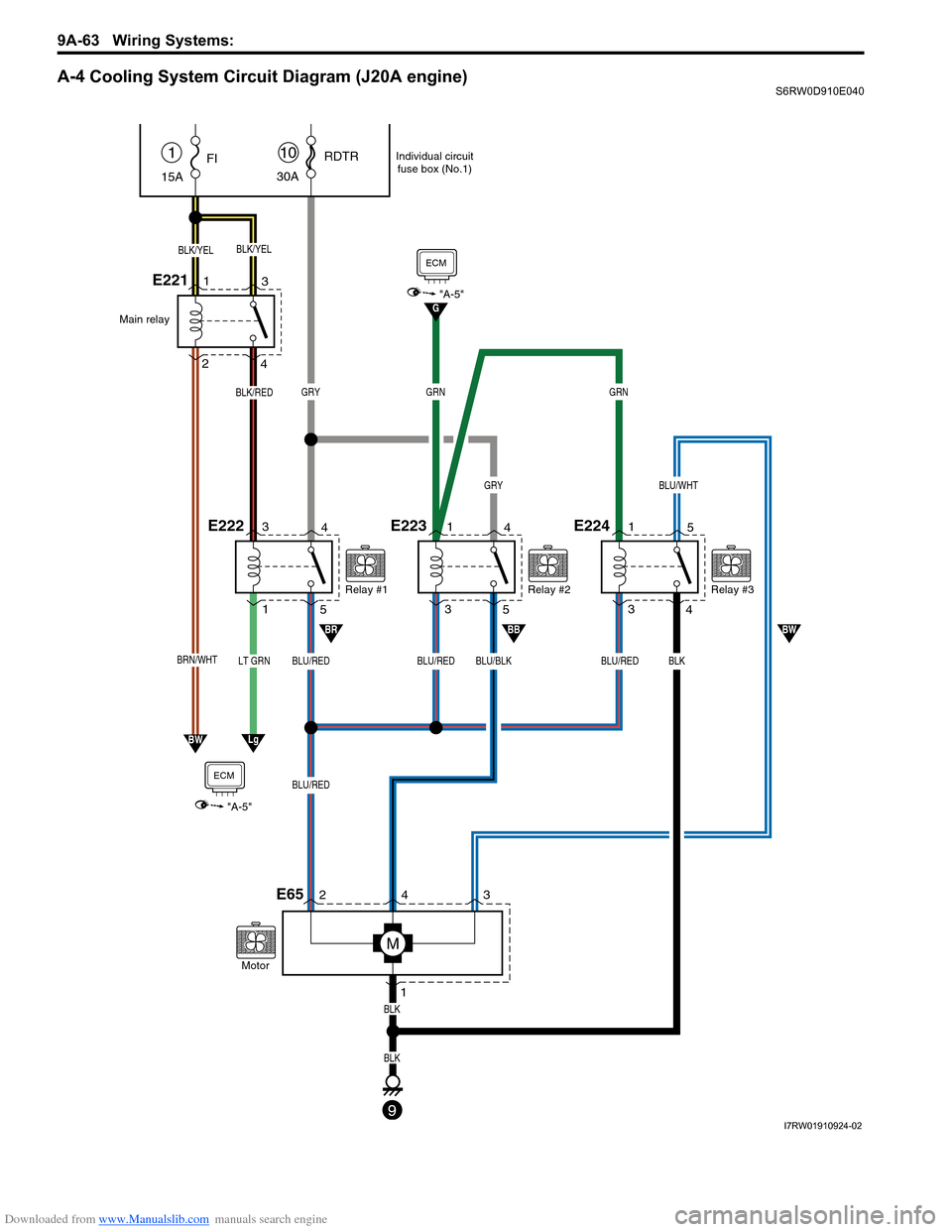 SUZUKI SX4 2006 1.G Service Workshop Manual Downloaded from www.Manualslib.com manuals search engine 9A-63 Wiring Systems: 
A-4 Cooling System Circuit Diagram (J20A engine)S6RW0D910E040
E65
4
5
9
LT GRN
"A-5"
Lg
BRBBBW
G
BRN/WHT
BW
BLK/YELBLK/Y