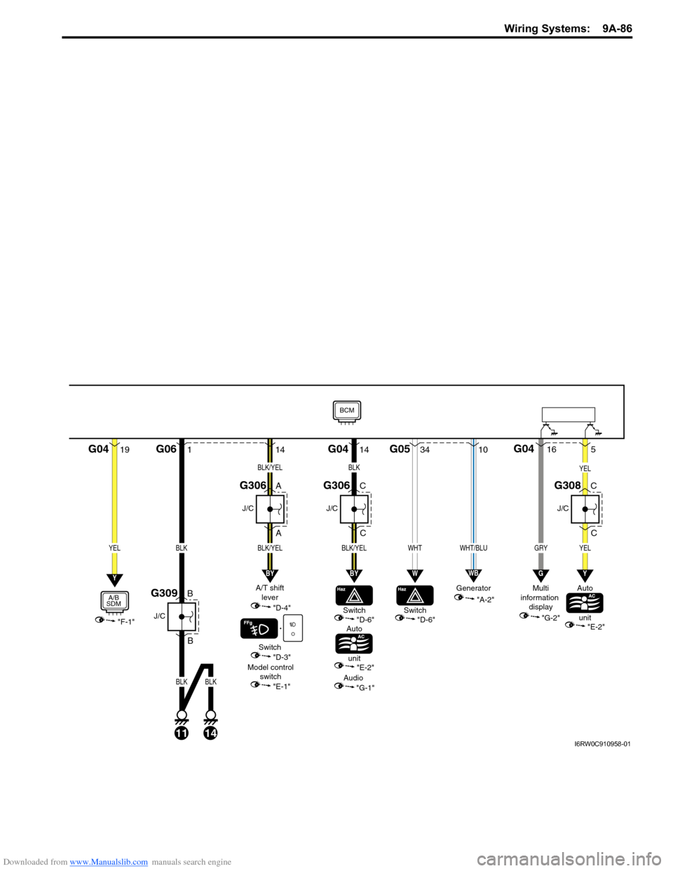 SUZUKI SX4 2006 1.G Service Workshop Manual Downloaded from www.Manualslib.com manuals search engine Wiring Systems:  9A-86
19G041
B
BG06
11
J/C
G309
A
A
J/C
G306
BLK
14
BLK
"F-1"
YELBLK
A/B
SDM
Switch
Auto
unit"D-6"
Model control
switch
"E-1""