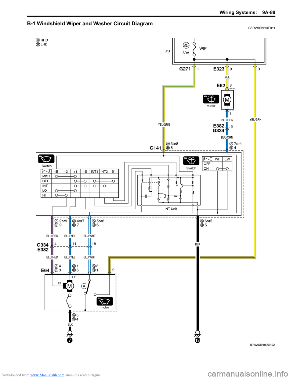 SUZUKI SX4 2006 1.G Service Owners Manual Downloaded from www.Manualslib.com manuals search engine Wiring Systems: 9A-88
B-1 Windshield Wiper and Washer Circuit DiagramS6RW0D910E011
J/B
LO
HI
E64
BLK
E3233
9
G141
11
Switchmotor
motor
18
BLU/ SUZUKI SX4 2006 1.G Service Owners Manual Downloaded from www.Manualslib.com manuals search engine Wiring Systems: 9A-88
B-1 Windshield Wiper and Washer Circuit DiagramS6RW0D910E011
J/B
LO
HI
E64
BLK
E3233
9
G141
11
Switchmotor
motor
18
BLU/