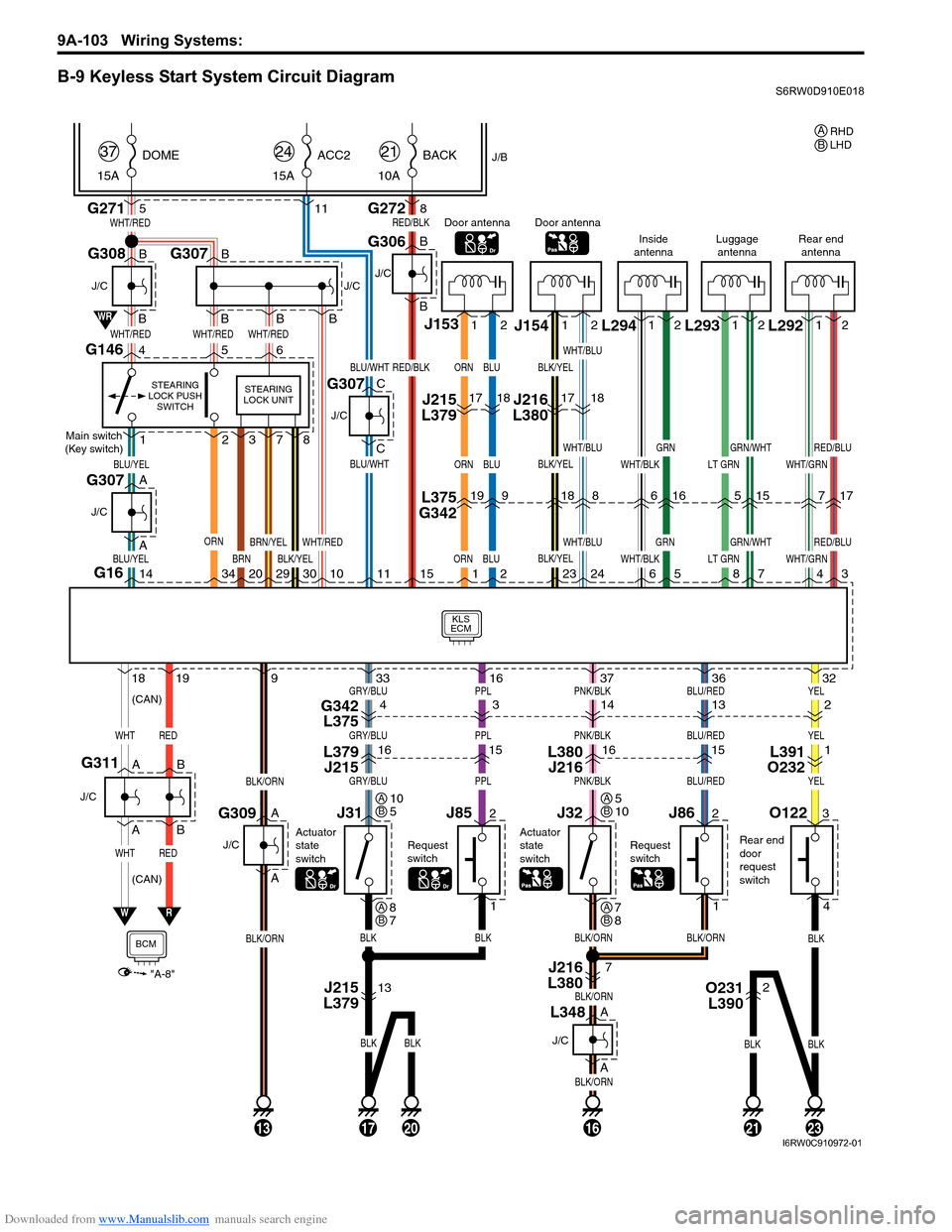 SUZUKI SX4 2006 1.G Service Owners Guide Downloaded from www.Manualslib.com manuals search engine 9A-103 Wiring Systems:
B-9 Keyless Start System Circuit DiagramS6RW0D910E018
G271
KLS
ECM
BCM
WHT/RED
WHT/REDWHT/REDWHT/RED
BLU/YEL
WHTRED
WHT SUZUKI SX4 2006 1.G Service Owners Guide Downloaded from www.Manualslib.com manuals search engine 9A-103 Wiring Systems:
B-9 Keyless Start System Circuit DiagramS6RW0D910E018
G271
KLS
ECM
BCM
WHT/RED
WHT/REDWHT/REDWHT/RED
BLU/YEL
WHTRED
WHT