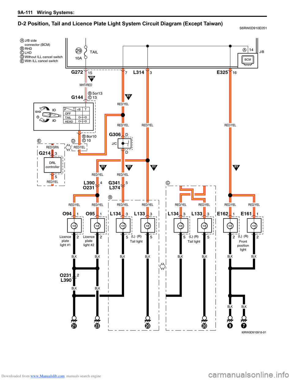 SUZUKI SX4 2006 1.G Service Repair Manual Downloaded from www.Manualslib.com manuals search engine 9A-111 Wiring Systems:
D-2 Position, Tail and Licence Plate Light System Circuit Diagram (Except Taiwan)S6RW0D910E051
3
5L1341
2O951
2O94
(R) SUZUKI SX4 2006 1.G Service Repair Manual Downloaded from www.Manualslib.com manuals search engine 9A-111 Wiring Systems:
D-2 Position, Tail and Licence Plate Light System Circuit Diagram (Except Taiwan)S6RW0D910E051
3
5L1341
2O951
2O94
(R)
