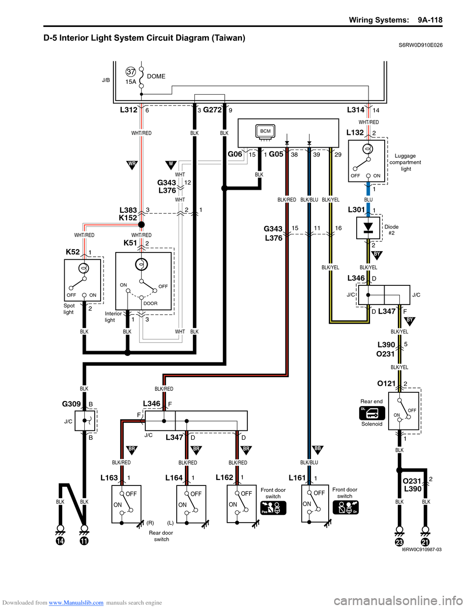 SUZUKI SX4 2006 1.G Service Repair Manual Downloaded from www.Manualslib.com manuals search engine Wiring Systems: 9A-118
D-5 Interior Light System Circuit Diagram (Taiwan)S6RW0D910E026
15A
37DOMEJ/B
OFF
DOOR ON
ON OFF
K51 L3122 6
3
1Interio SUZUKI SX4 2006 1.G Service Repair Manual Downloaded from www.Manualslib.com manuals search engine Wiring Systems: 9A-118
D-5 Interior Light System Circuit Diagram (Taiwan)S6RW0D910E026
15A
37DOMEJ/B
OFF
DOOR ON
ON OFF
K51 L3122 6
3
1Interio