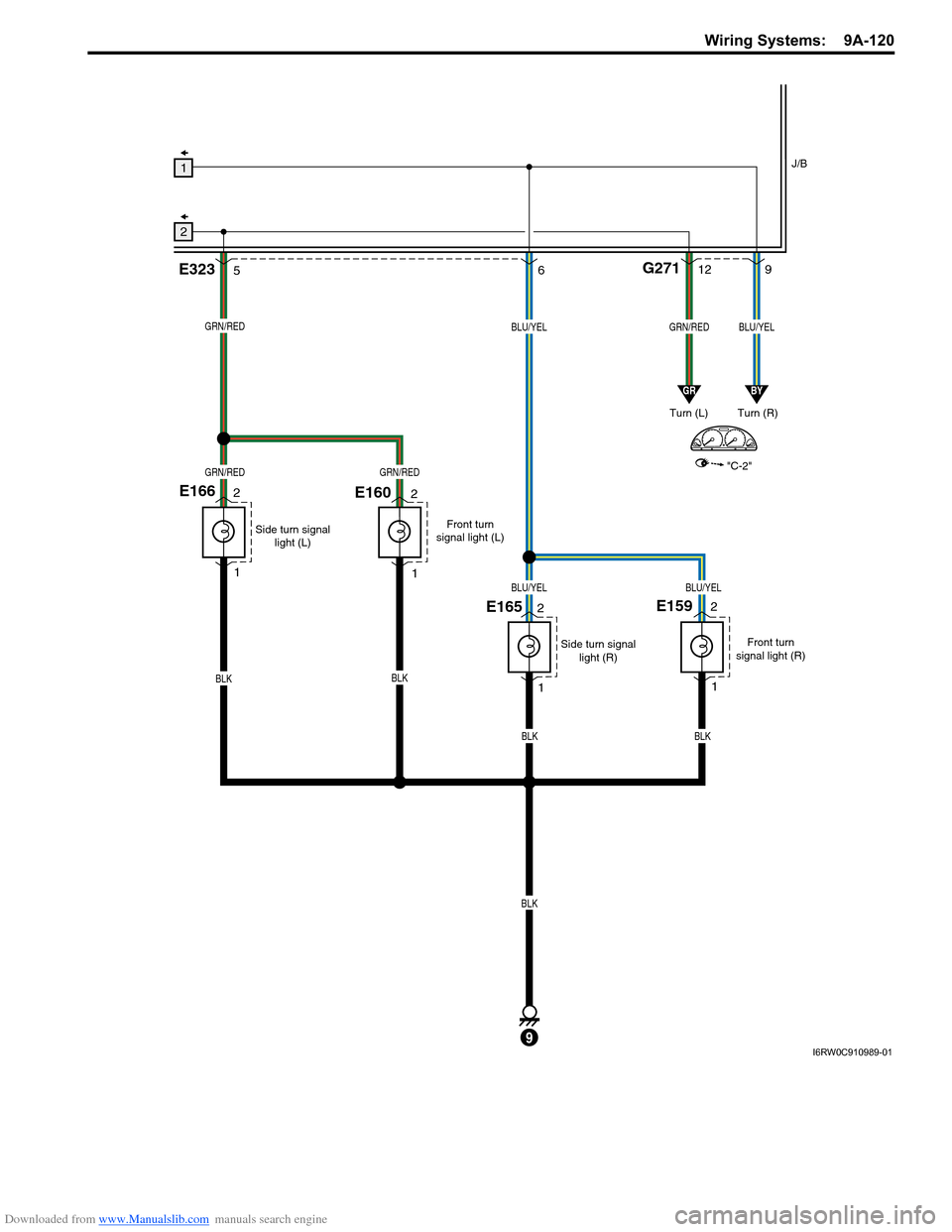 SUZUKI SX4 2006 1.G Service Repair Manual Downloaded from www.Manualslib.com manuals search engine Wiring Systems: 9A-120
9
GRN/RED
GRN/REDGRN/RED
9
Turn (L) Turn (R)
E165
12G2716
BLU/YEL
BLU/YELBLU/YEL
GRN/REDBLU/YEL
"C-2"
GRBY
Front turn
s SUZUKI SX4 2006 1.G Service Repair Manual Downloaded from www.Manualslib.com manuals search engine Wiring Systems: 9A-120
9
GRN/RED
GRN/REDGRN/RED
9
Turn (L) Turn (R)
E165
12G2716
BLU/YEL
BLU/YELBLU/YEL
GRN/REDBLU/YEL
"C-2"
GRBY
Front turn
s