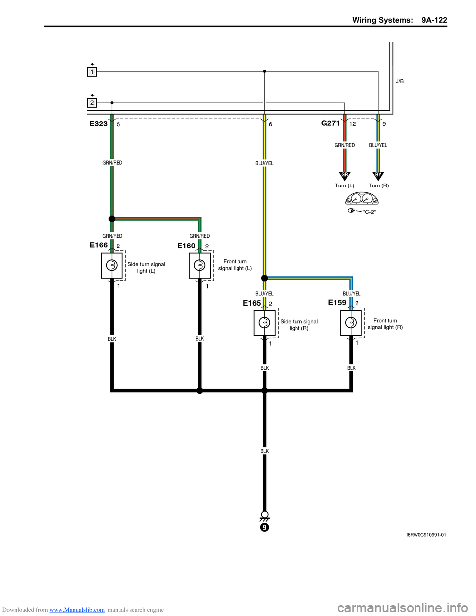 SUZUKI SX4 2006 1.G Service Repair Manual Downloaded from www.Manualslib.com manuals search engine Wiring Systems: 9A-122
9
GRN/RED
GRN/REDGRN/RED
9
Turn (L) Turn (R)
E165
12G2716
BLU/YEL
BLU/YELBLU/YEL
GRN/REDBLU/YEL
"C-2"
GRBY
Front turn
s SUZUKI SX4 2006 1.G Service Repair Manual Downloaded from www.Manualslib.com manuals search engine Wiring Systems: 9A-122
9
GRN/RED
GRN/REDGRN/RED
9
Turn (L) Turn (R)
E165
12G2716
BLU/YEL
BLU/YELBLU/YEL
GRN/REDBLU/YEL
"C-2"
GRBY
Front turn
s