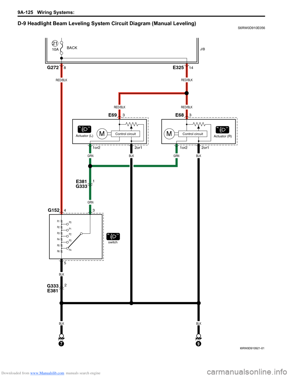 SUZUKI SX4 2006 1.G Service Workshop Manual Downloaded from www.Manualslib.com manuals search engine 9A-125 Wiring Systems: 
D-9 Headlight Beam Leveling System Circuit Diagram (Manual Leveling)S6RW0D910E056
10A
GRN
GRN
RED/BLK
GRN
BLK
BLK
switc