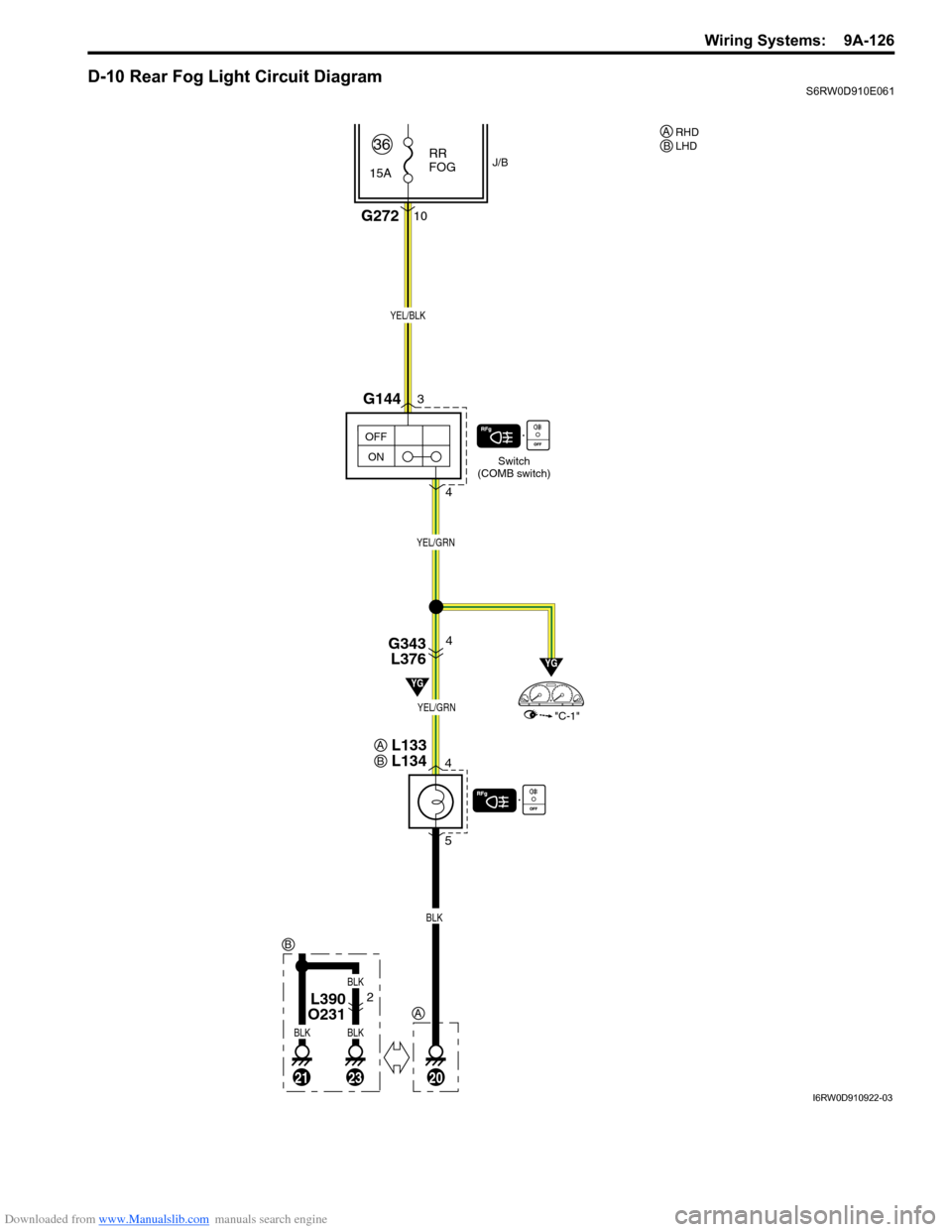 SUZUKI SX4 2006 1.G Service Owners Guide Downloaded from www.Manualslib.com manuals search engine Wiring Systems: 9A-126
D-10 Rear Fog Light Circuit DiagramS6RW0D910E061
202123
BLKBLK
BLK
L390
O2312
15ARR
FOG
BLK
YEL/GRN
YEL/GRN
YEL/BLK
O SUZUKI SX4 2006 1.G Service Owners Guide Downloaded from www.Manualslib.com manuals search engine Wiring Systems: 9A-126
D-10 Rear Fog Light Circuit DiagramS6RW0D910E061
202123
BLKBLK
BLK
L390
O2312
15ARR
FOG
BLK
YEL/GRN
YEL/GRN
YEL/BLK
O