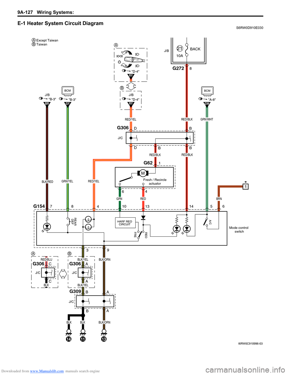 SUZUKI SX4 2006 1.G Service Owners Guide Downloaded from www.Manualslib.com manuals search engine 9A-127 Wiring Systems:
E-1 Heater System Circuit DiagramS6RW0D910E030
BRN
GRN/WHT
10ABACK
21
M
BLK/RED
J/B J/B
BLK/ORN
G309
J/C
G62
Fresh / Re SUZUKI SX4 2006 1.G Service Owners Guide Downloaded from www.Manualslib.com manuals search engine 9A-127 Wiring Systems:
E-1 Heater System Circuit DiagramS6RW0D910E030
BRN
GRN/WHT
10ABACK
21
M
BLK/RED
J/B J/B
BLK/ORN
G309
J/C
G62
Fresh / Re