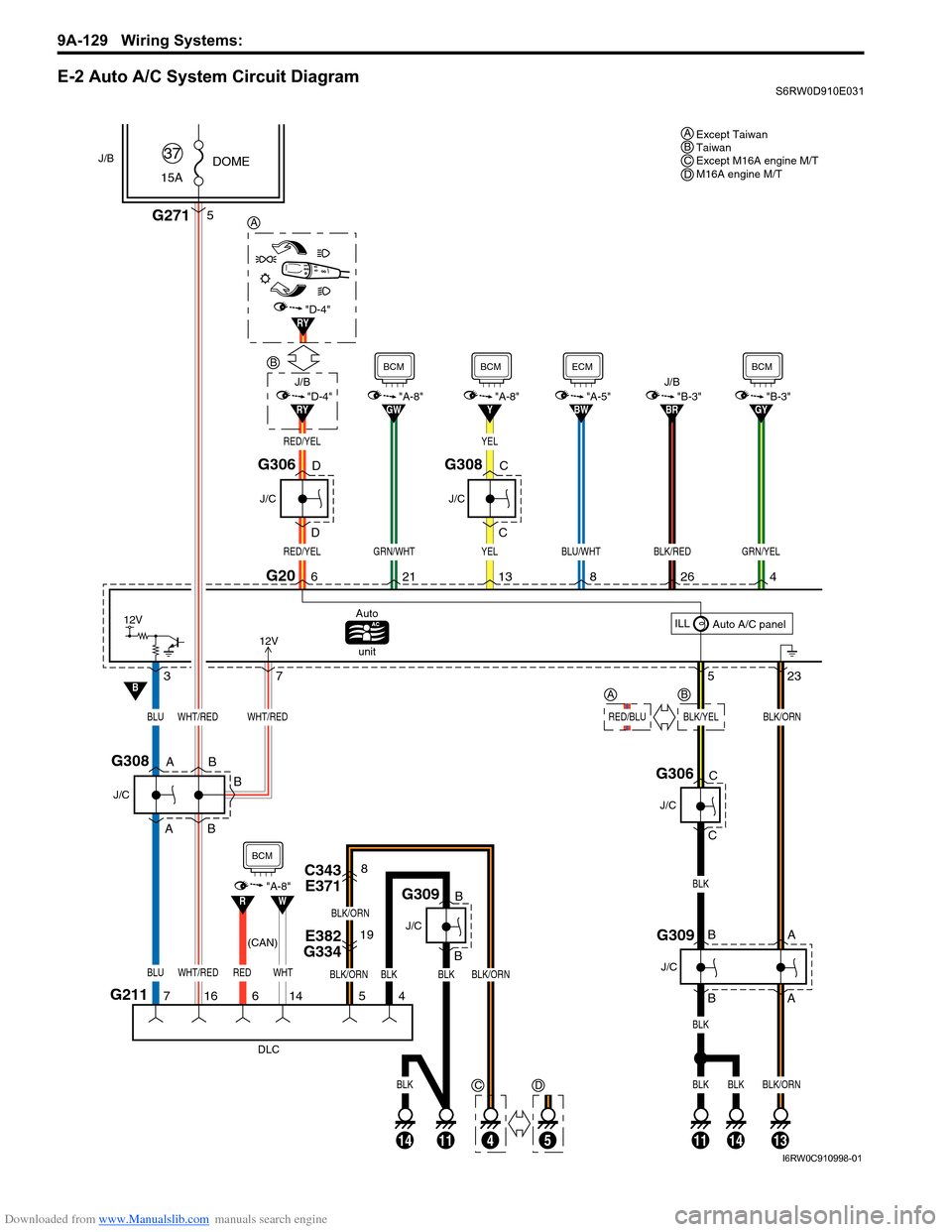 SUZUKI SX4 2006 1.G Service Owners Guide Downloaded from www.Manualslib.com manuals search engine 9A-129 Wiring Systems:
E-2 Auto A/C System Circuit DiagramS6RW0D910E031
Except Taiwan
Taiwan
Except M16A engine M/T
M16A engine M/T ABCD
G20
5 SUZUKI SX4 2006 1.G Service Owners Guide Downloaded from www.Manualslib.com manuals search engine 9A-129 Wiring Systems:
E-2 Auto A/C System Circuit DiagramS6RW0D910E031
Except Taiwan
Taiwan
Except M16A engine M/T
M16A engine M/T ABCD
G20
5