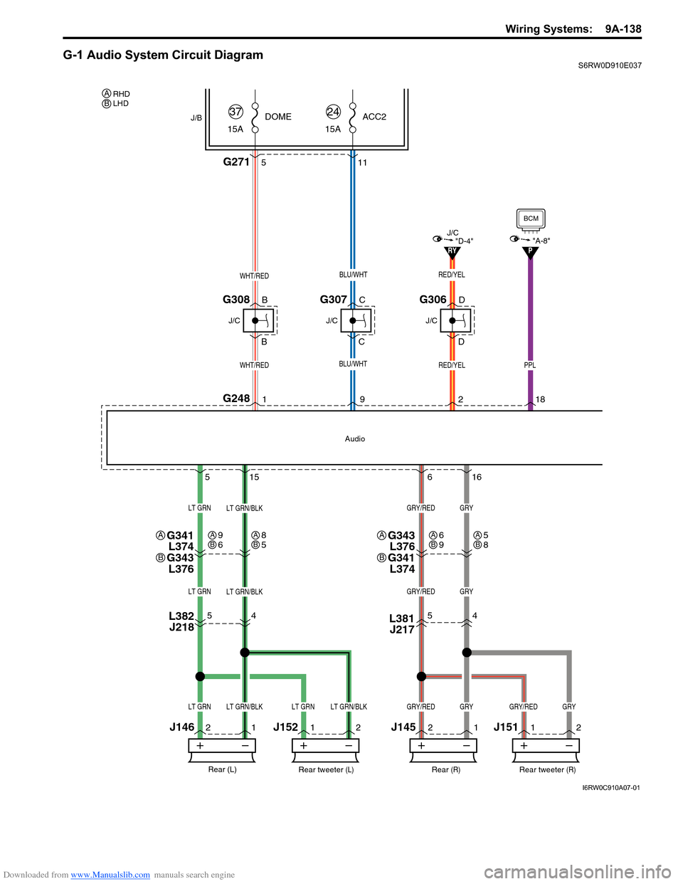 SUZUKI SX4 2006 1.G Service Owners Guide Downloaded from www.Manualslib.com manuals search engine Wiring Systems: 9A-138
G-1 Audio System Circuit DiagramS6RW0D910E037
G2715
5
4
11
2
12
1 5
156
16
"D-4"RY
WHT/RED
WHT/RED
G2481
G307
J/B
15ADO SUZUKI SX4 2006 1.G Service Owners Guide Downloaded from www.Manualslib.com manuals search engine Wiring Systems: 9A-138
G-1 Audio System Circuit DiagramS6RW0D910E037
G2715
5
4
11
2
12
1 5
156
16
"D-4"RY
WHT/RED
WHT/RED
G2481
G307
J/B
15ADO