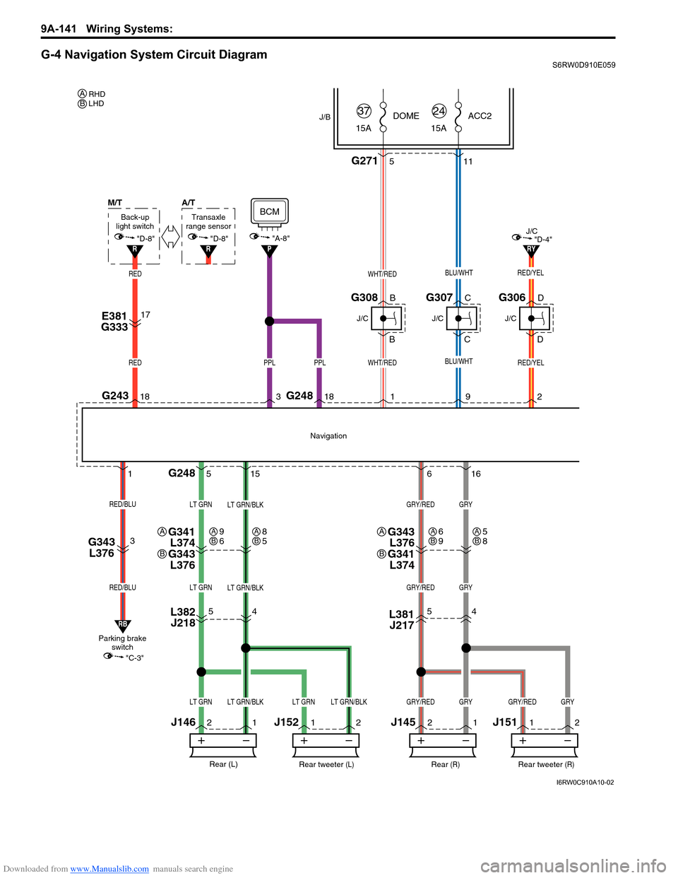 SUZUKI SX4 2006 1.G Service Workshop Manual Downloaded from www.Manualslib.com manuals search engine 9A-141 Wiring Systems: 
G-4 Navigation System Circuit DiagramS6RW0D910E059
G2715
5
4
11
2
12
1 5
156
16
"D-4"RY
WHT/RED
WHT/RED
G248
G2481
G307