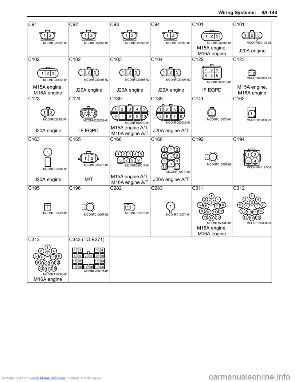 SUZUKI SX4 2006 1.G Service Workshop Manual Downloaded from www.Manualslib.com manuals search engine Wiring Systems: 9A-144
C91 C92 C93 C94 C101 C101
M15A engine,
M16A engineJ20A engine
C102 C102 C103 C104 C122 C123
M15A engine,
M16A engineJ SUZUKI SX4 2006 1.G Service Workshop Manual Downloaded from www.Manualslib.com manuals search engine Wiring Systems: 9A-144
C91 C92 C93 C94 C101 C101
M15A engine,
M16A engineJ20A engine
C102 C102 C103 C104 C122 C123
M15A engine,
M16A engineJ
