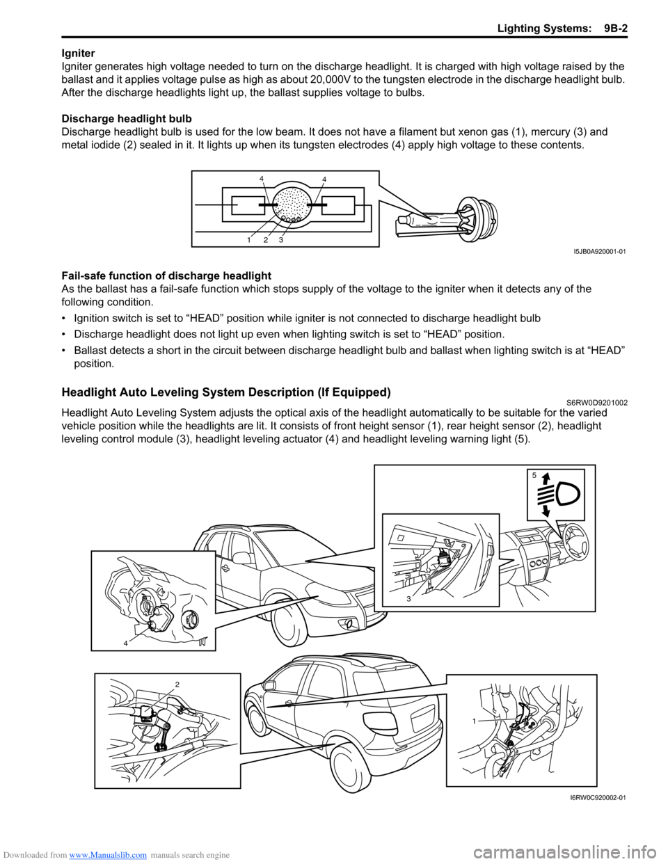 SUZUKI SX4 2006 1.G Service Workshop Manual Downloaded from www.Manualslib.com manuals search engine Lighting Systems:  9B-2
Igniter
Igniter generates high voltage needed to turn on the discharge headlight. It is charged with high voltage raise