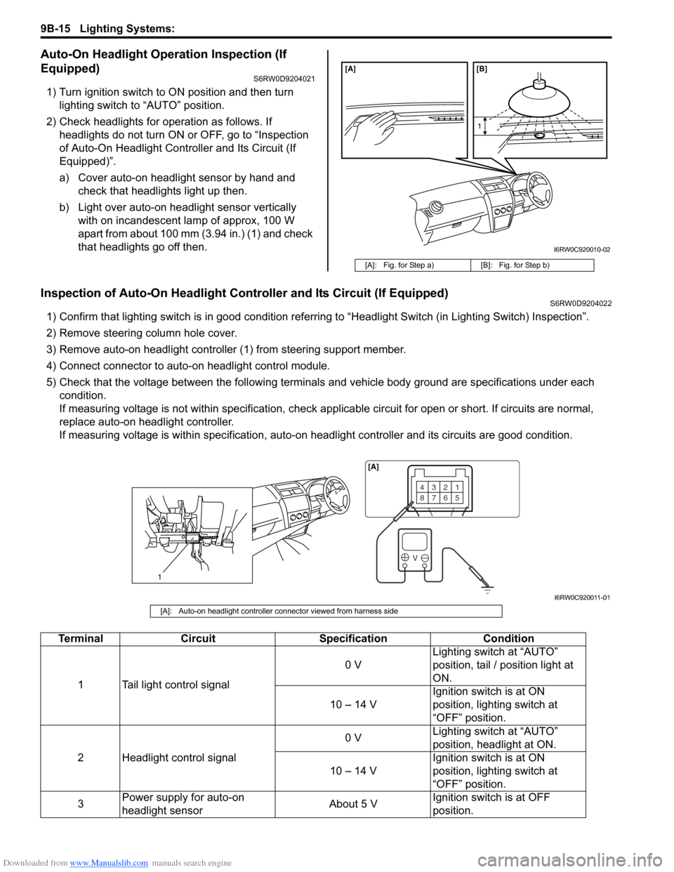 SUZUKI SX4 2006 1.G Service Workshop Manual Downloaded from www.Manualslib.com manuals search engine 9B-15 Lighting Systems: 
Auto-On Headlight Operation Inspection (If 
Equipped)
S6RW0D9204021
1) Turn ignition switch to ON position and then tu