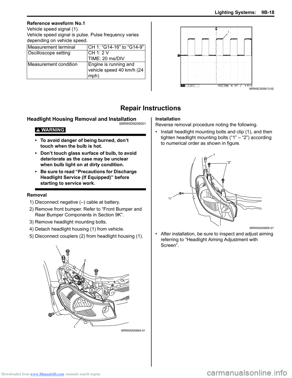 SUZUKI SX4 2006 1.G Service Workshop Manual Downloaded from www.Manualslib.com manuals search engine Lighting Systems: 9B-18
Reference waveform No.1
Vehicle speed signal (1).
Vehicle speed signal is pulse. Pulse frequency varies
depending on SUZUKI SX4 2006 1.G Service Workshop Manual Downloaded from www.Manualslib.com manuals search engine Lighting Systems: 9B-18
Reference waveform No.1
Vehicle speed signal (1).
Vehicle speed signal is pulse. Pulse frequency varies
depending on