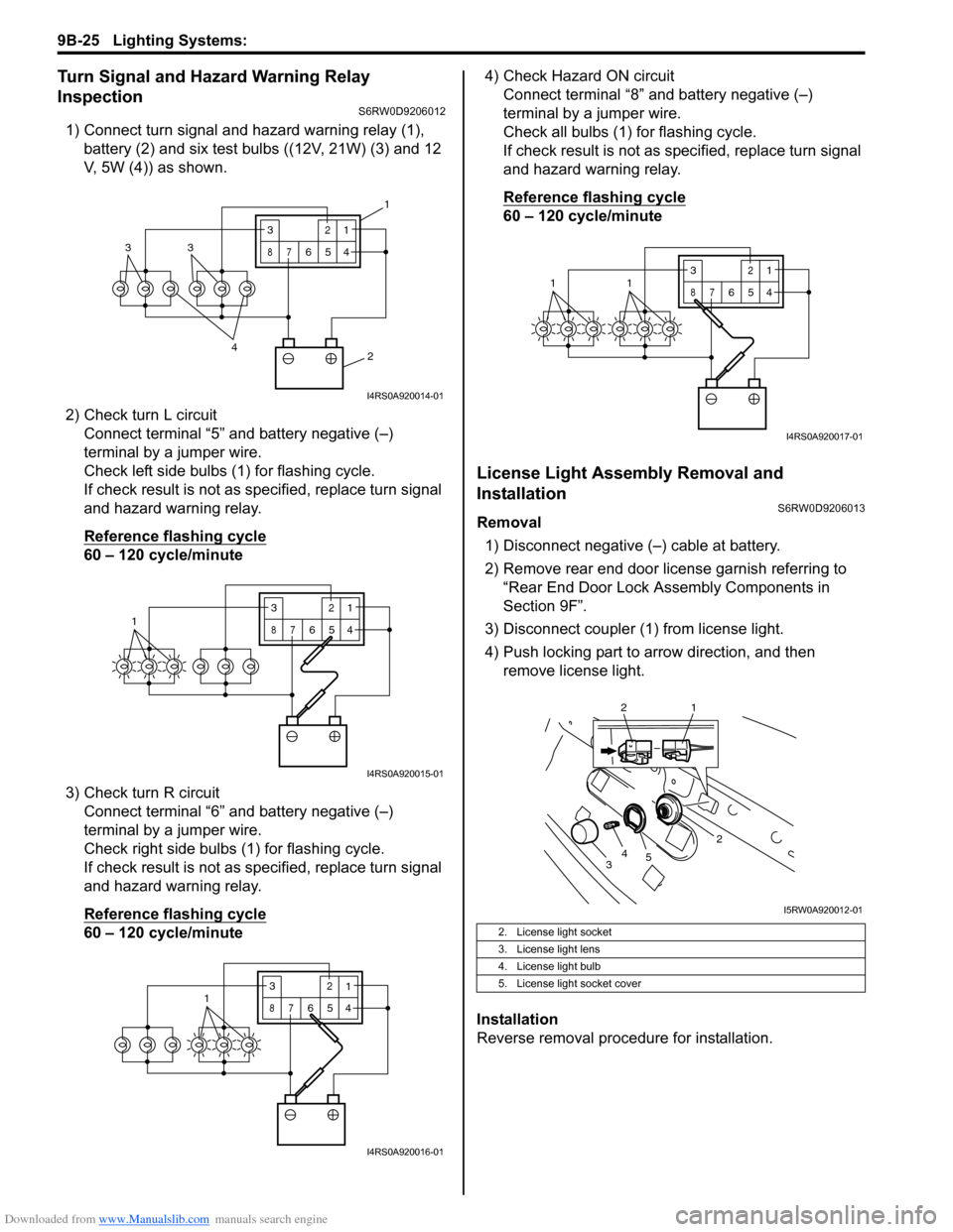 SUZUKI SX4 2006 1.G Service Workshop Manual Downloaded from www.Manualslib.com manuals search engine 9B-25 Lighting Systems: 
Turn Signal and Hazard Warning Relay 
Inspection
S6RW0D9206012
1) Connect turn signal and hazard warning relay (1), 
b