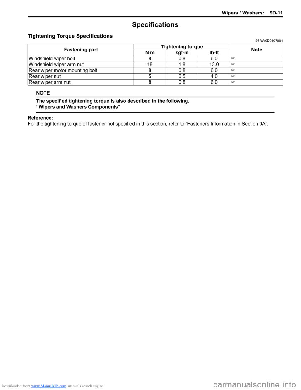 SUZUKI SX4 2006 1.G Service Workshop Manual Downloaded from www.Manualslib.com manuals search engine Wipers / Washers: 9D-11
Specifications
Tightening Torque SpecificationsS6RW0D9407001
NOTE
The specified tightening torque is also described in SUZUKI SX4 2006 1.G Service Workshop Manual Downloaded from www.Manualslib.com manuals search engine Wipers / Washers: 9D-11
Specifications
Tightening Torque SpecificationsS6RW0D9407001
NOTE
The specified tightening torque is also described in