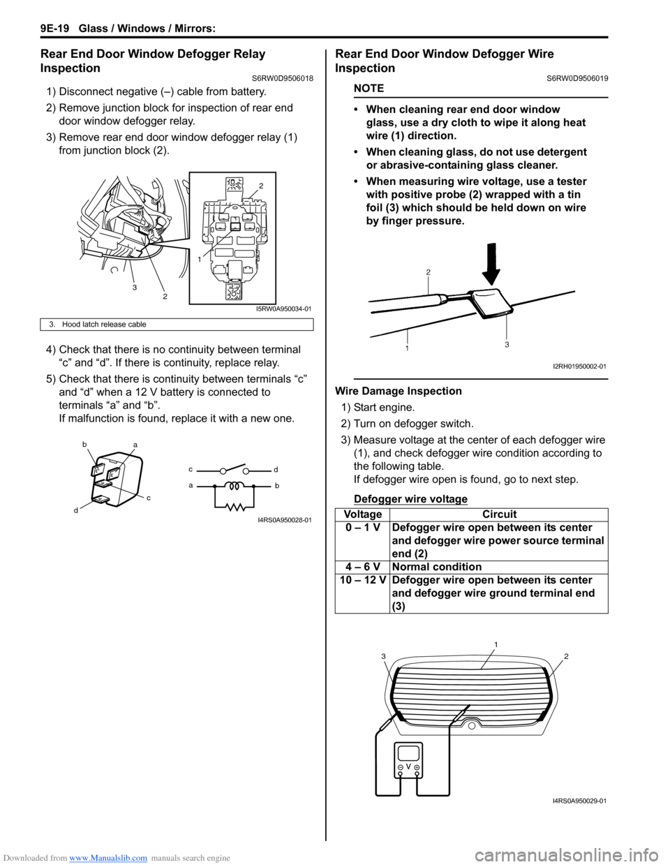 SUZUKI SX4 2006 1.G Service Workshop Manual Downloaded from www.Manualslib.com manuals search engine 9E-19 Glass / Windows / Mirrors: 
Rear End Door Window Defogger Relay 
Inspection
S6RW0D9506018
1) Disconnect negative (–) cable from battery