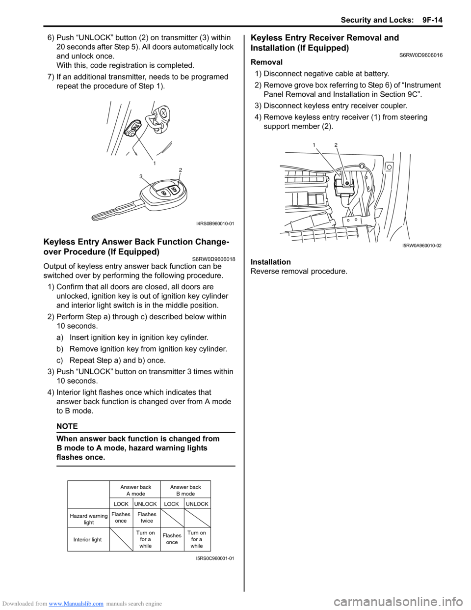 SUZUKI SX4 2006 1.G Service Workshop Manual Downloaded from www.Manualslib.com manuals search engine Security and Locks: 9F-14
6) Push “UNLOCK” button (2) on transmitter (3) within
20 seconds after Step 5). All doors automatically lock
a SUZUKI SX4 2006 1.G Service Workshop Manual Downloaded from www.Manualslib.com manuals search engine Security and Locks: 9F-14
6) Push “UNLOCK” button (2) on transmitter (3) within
20 seconds after Step 5). All doors automatically lock
a