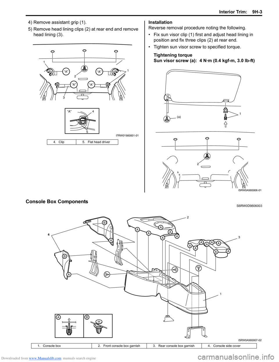 SUZUKI SX4 2006 1.G Service Workshop Manual Downloaded from www.Manualslib.com manuals search engine Interior Trim: 9H-3
4) Remove assistant grip (1).
5) Remove head lining clips (2) at rear end and remove
head lining (3).Installation
Reverse SUZUKI SX4 2006 1.G Service Workshop Manual Downloaded from www.Manualslib.com manuals search engine Interior Trim: 9H-3
4) Remove assistant grip (1).
5) Remove head lining clips (2) at rear end and remove
head lining (3).Installation
Reverse