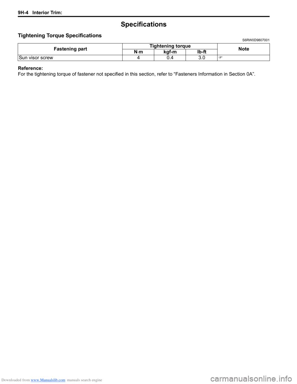 SUZUKI SX4 2006 1.G Service Workshop Manual Downloaded from www.Manualslib.com manuals search engine 9H-4 Interior Trim:
Specifications
Tightening Torque SpecificationsS6RW0D9807001
Reference:
For the tightening torque of fastener not specifie SUZUKI SX4 2006 1.G Service Workshop Manual Downloaded from www.Manualslib.com manuals search engine 9H-4 Interior Trim:
Specifications
Tightening Torque SpecificationsS6RW0D9807001
Reference:
For the tightening torque of fastener not specifie