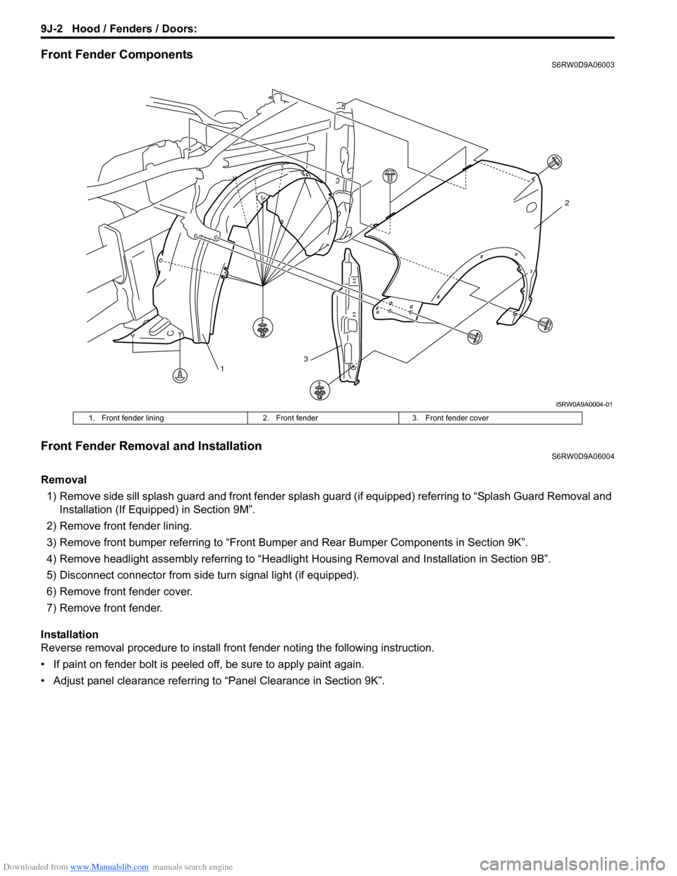 SUZUKI SX4 2006 1.G Service Manual Online Downloaded from www.Manualslib.com manuals search engine 9J-2 Hood / Fenders / Doors:
Front Fender ComponentsS6RW0D9A06003
Front Fender Removal and InstallationS6RW0D9A06004
Removal
1) Remove side si SUZUKI SX4 2006 1.G Service Manual Online Downloaded from www.Manualslib.com manuals search engine 9J-2 Hood / Fenders / Doors:
Front Fender ComponentsS6RW0D9A06003
Front Fender Removal and InstallationS6RW0D9A06004
Removal
1) Remove side si
