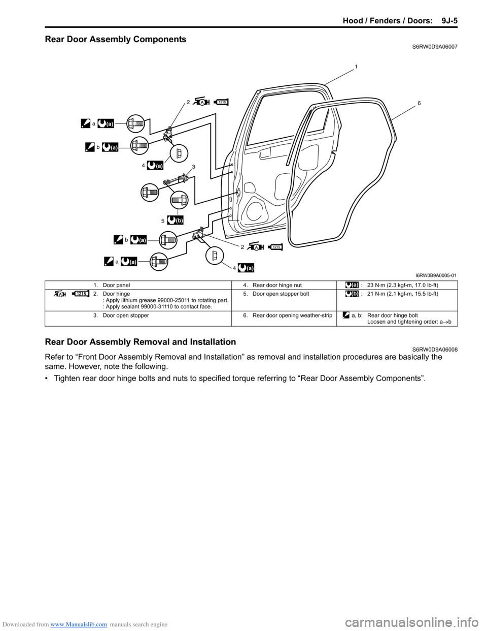 SUZUKI SX4 2006 1.G Service Workshop Manual Downloaded from www.Manualslib.com manuals search engine Hood / Fenders / Doors: 9J-5
Rear Door Assembly ComponentsS6RW0D9A06007
Rear Door Assembly Removal and InstallationS6RW0D9A06008
Refer to “F SUZUKI SX4 2006 1.G Service Workshop Manual Downloaded from www.Manualslib.com manuals search engine Hood / Fenders / Doors: 9J-5
Rear Door Assembly ComponentsS6RW0D9A06007
Rear Door Assembly Removal and InstallationS6RW0D9A06008
Refer to “F