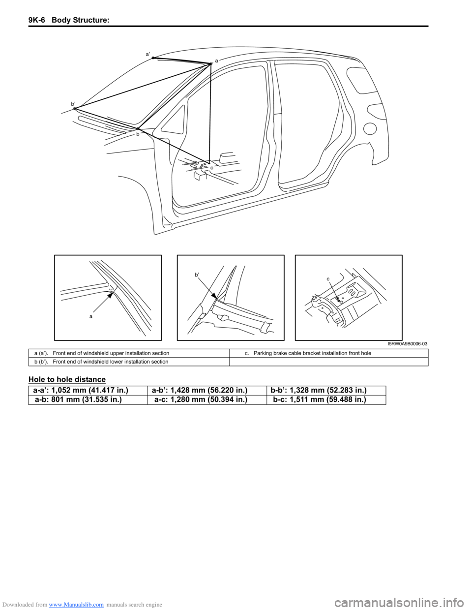 SUZUKI SX4 2006 1.G Service Workshop Manual Downloaded from www.Manualslib.com manuals search engine 9K-6 Body Structure:
Hole to hole distance
c
a
a’a
b b’
c
b’
I5RW0A9B0006-03
a (a’). Front end of windshield upper installation sectio SUZUKI SX4 2006 1.G Service Workshop Manual Downloaded from www.Manualslib.com manuals search engine 9K-6 Body Structure:
Hole to hole distance
c
a
a’a
b b’
c
b’
I5RW0A9B0006-03
a (a’). Front end of windshield upper installation sectio