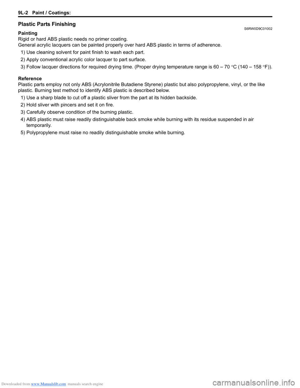 SUZUKI SX4 2006 1.G Service Workshop Manual Downloaded from www.Manualslib.com manuals search engine 9L-2 Paint / Coatings:
Plastic Parts FinishingS6RW0D9C01002
Painting
Rigid or hard ABS plastic needs no primer coating.
General acrylic lacque SUZUKI SX4 2006 1.G Service Workshop Manual Downloaded from www.Manualslib.com manuals search engine 9L-2 Paint / Coatings:
Plastic Parts FinishingS6RW0D9C01002
Painting
Rigid or hard ABS plastic needs no primer coating.
General acrylic lacque