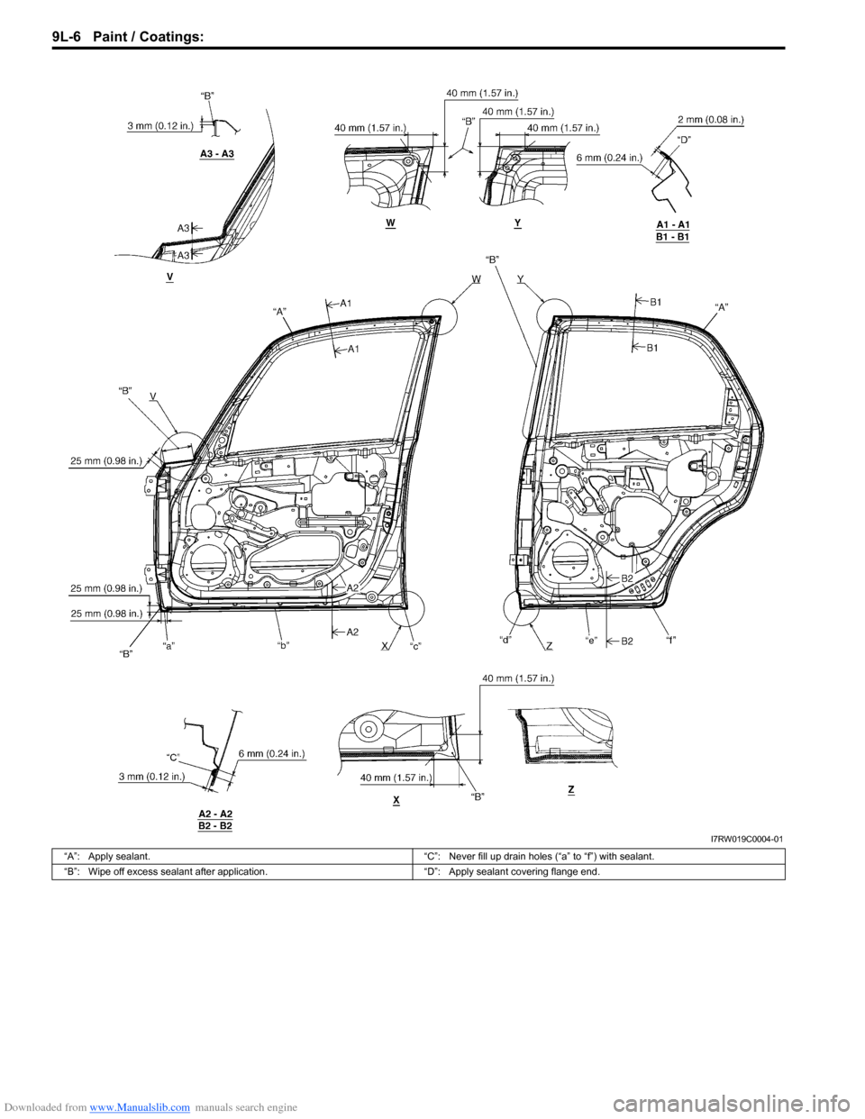 SUZUKI SX4 2006 1.G Service Workshop Manual Downloaded from www.Manualslib.com manuals search engine 9L-6 Paint / Coatings:
I7RW019C0004-01
“A”: Apply sealant. “C”: Never fill up drain holes (“a” to “f”) with sealant.
“B”: SUZUKI SX4 2006 1.G Service Workshop Manual Downloaded from www.Manualslib.com manuals search engine 9L-6 Paint / Coatings:
I7RW019C0004-01
“A”: Apply sealant. “C”: Never fill up drain holes (“a” to “f”) with sealant.
“B”: