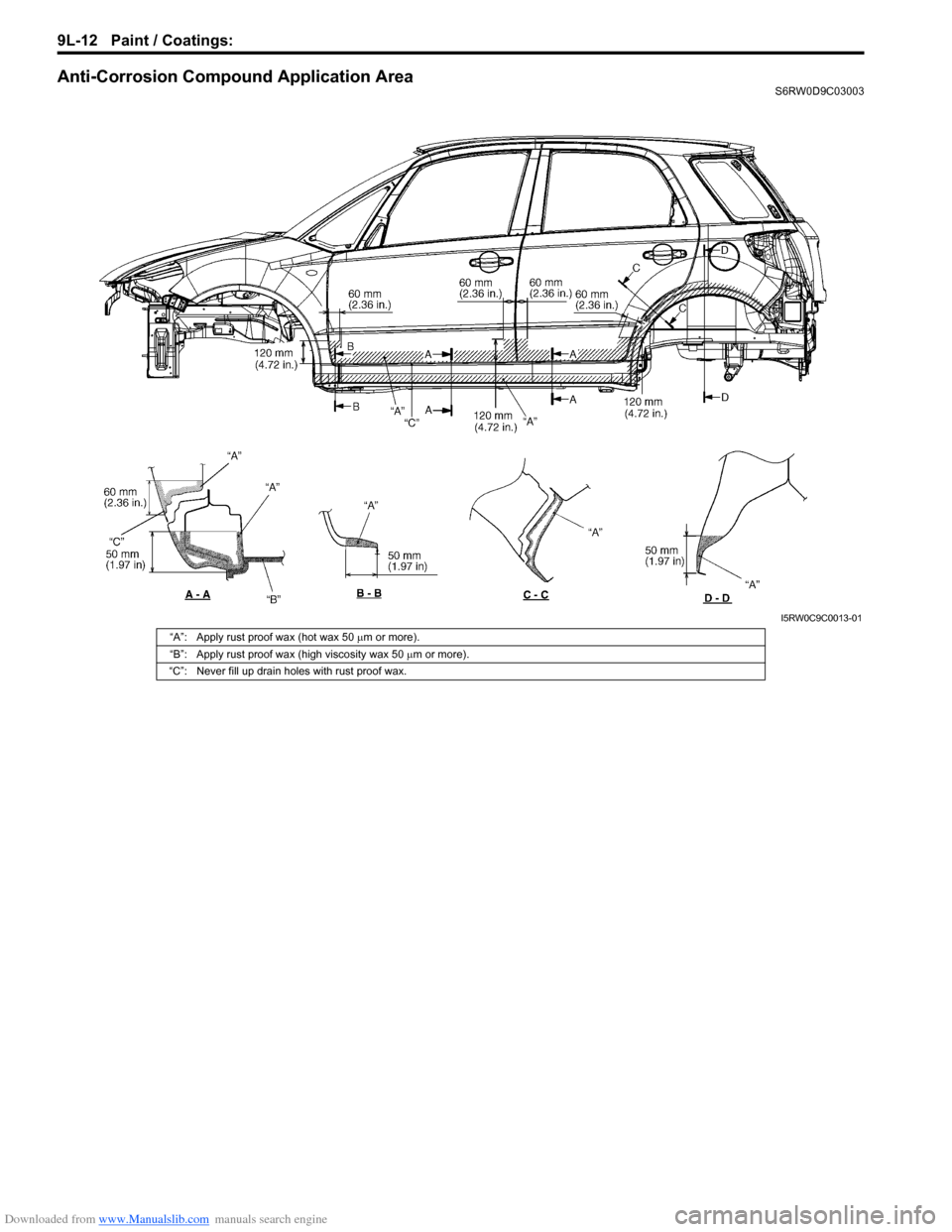 SUZUKI SX4 2006 1.G Service Workshop Manual Downloaded from www.Manualslib.com manuals search engine 9L-12 Paint / Coatings: 
Anti-Corrosion Compound Application AreaS6RW0D9C03003
I5RW0C9C0013-01
“A”: Apply rust proof wax (hot wax 50 µm or
