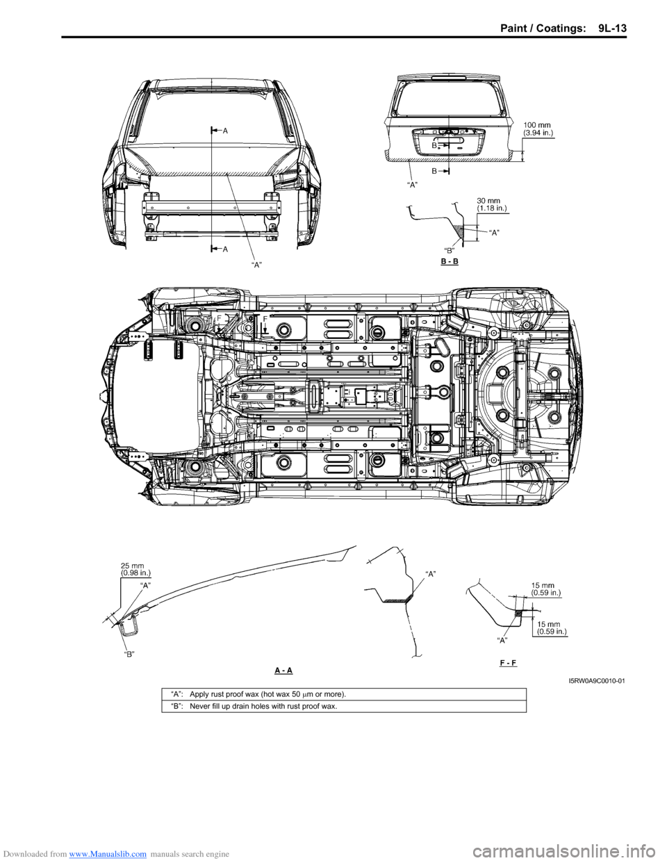 SUZUKI SX4 2006 1.G Service Workshop Manual Downloaded from www.Manualslib.com manuals search engine Paint / Coatings:  9L-13
I5RW0A9C0010-01
“A”: Apply rust proof wax (hot wax 50 µm or more).
“B”: Never fill up drain holes with rust p
