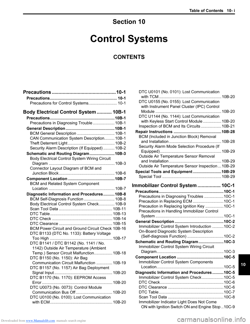 SUZUKI SX4 2006 1.G Service Workshop Manual Downloaded from www.Manualslib.com manuals search engine Table of Contents 10- i
10
Section 10
CONTENTS
Control Systems
Precautions ............................................... 10-1
Precautions....