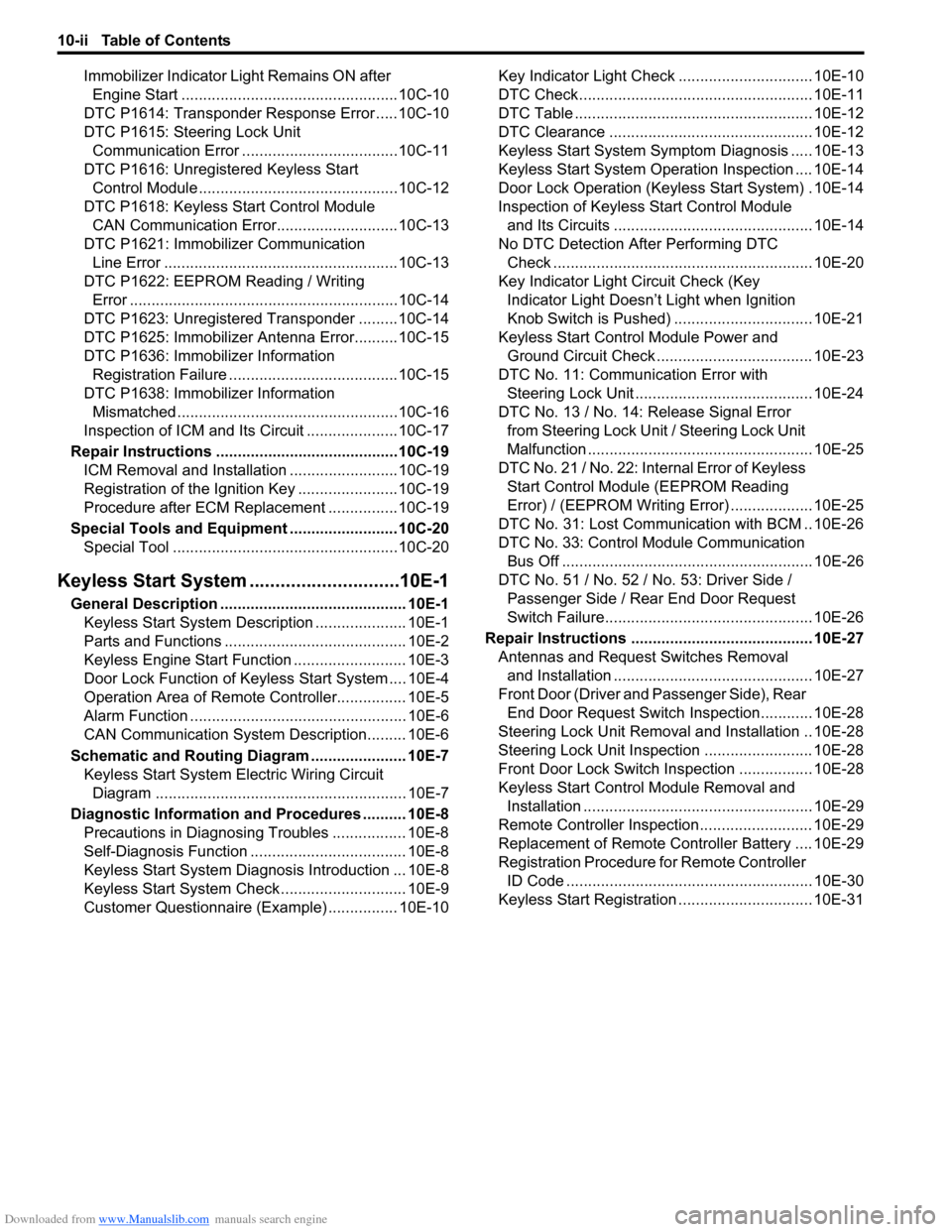 SUZUKI SX4 2006 1.G Service Service Manual Downloaded from www.Manualslib.com manuals search engine 10-ii Table of Contents
Immobilizer Indicator Light Remains ON after 
Engine Start ..................................................10C-10
DTC