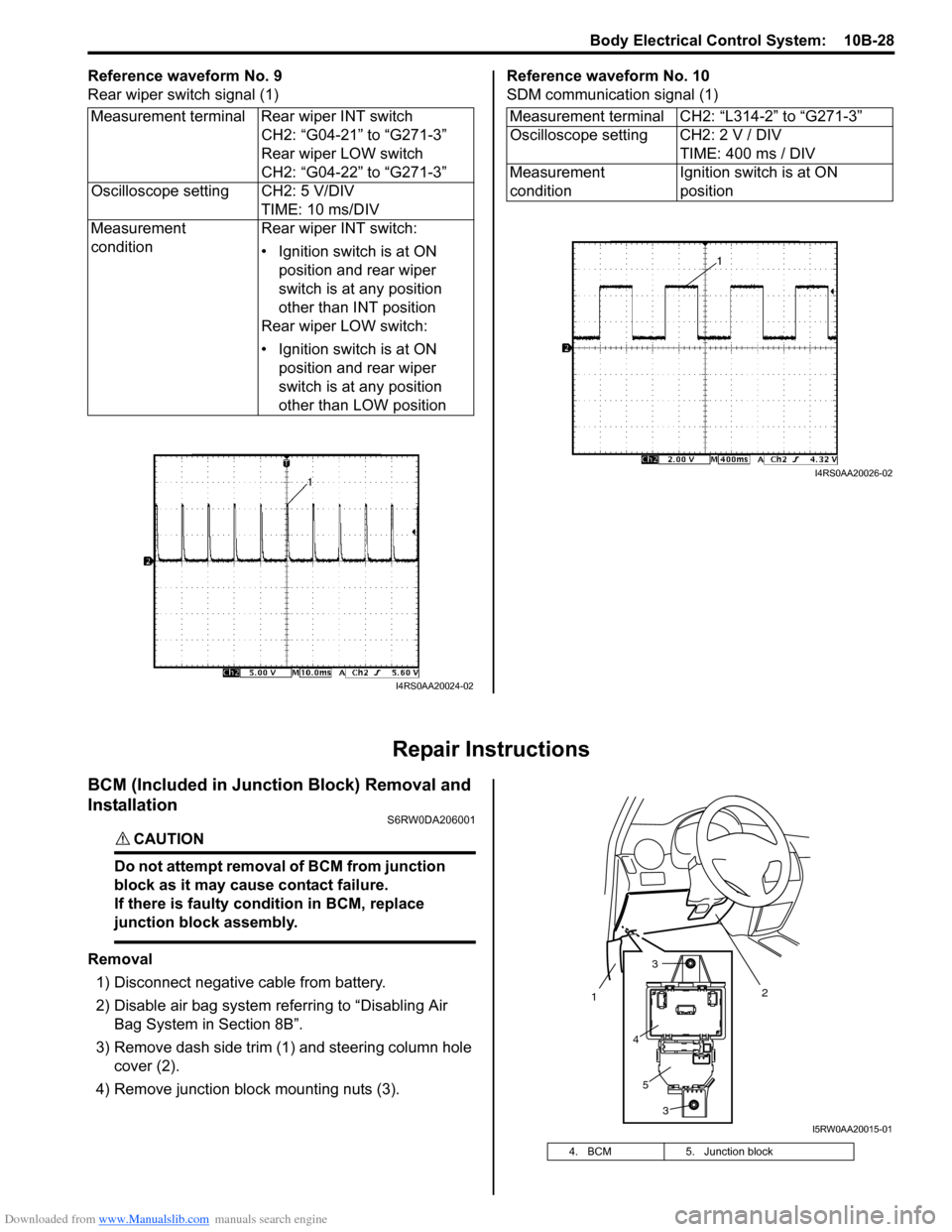 SUZUKI SX4 2006 1.G Service Workshop Manual Downloaded from www.Manualslib.com manuals search engine Body Electrical Control System: 10B-28
Reference waveform No. 9
Rear wiper switch signal (1)Reference waveform No. 10
SDM communication signal SUZUKI SX4 2006 1.G Service Workshop Manual Downloaded from www.Manualslib.com manuals search engine Body Electrical Control System: 10B-28
Reference waveform No. 9
Rear wiper switch signal (1)Reference waveform No. 10
SDM communication signal