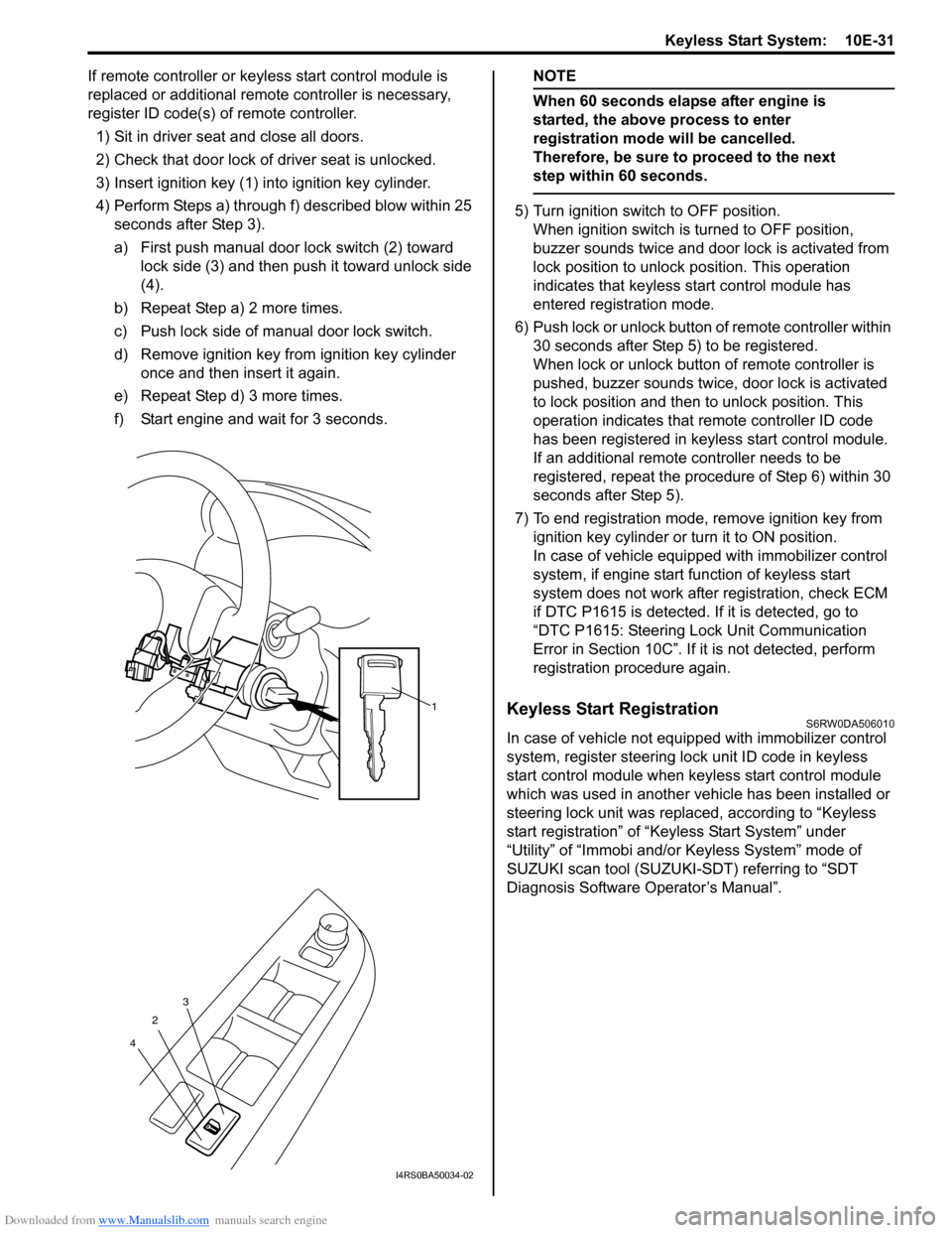 SUZUKI SX4 2006 1.G Service Workshop Manual Downloaded from www.Manualslib.com manuals search engine Keyless Start System:  10E-31
If remote controller or keyless start control module is 
replaced or additional remote controller is necessary, 
